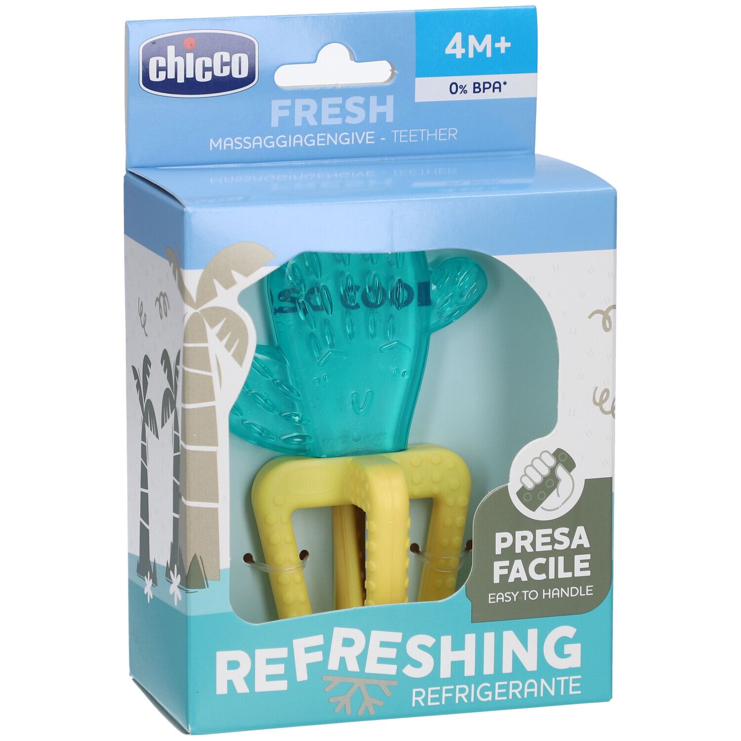 Blauer und gelber Beißring in Verpackung. Text: Chicco, Fresh, 4M+, Refreshing, Presa Facile.