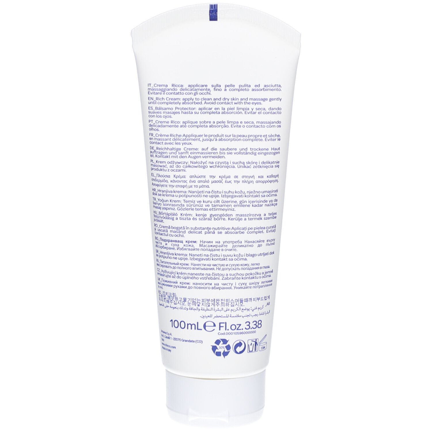 Rückseite der weißen Tube. Text in mehreren Sprachen. Enthält Informationen zur Anwendung und Inhaltsstoffe.