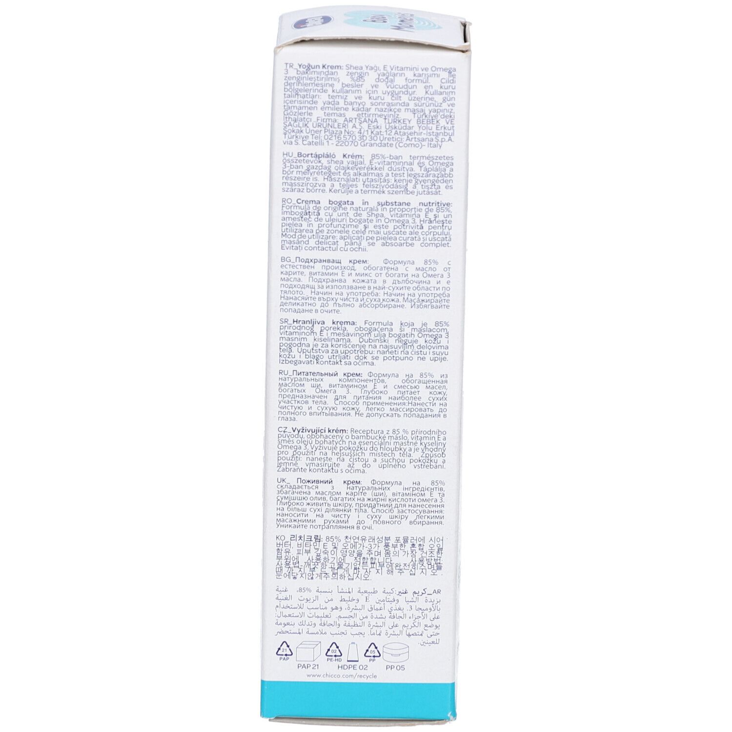 Rückseite der Produktverpackung. Text in mehreren Sprachen. Enthält Informationen zur Anwendung und Inhaltsstoffe.