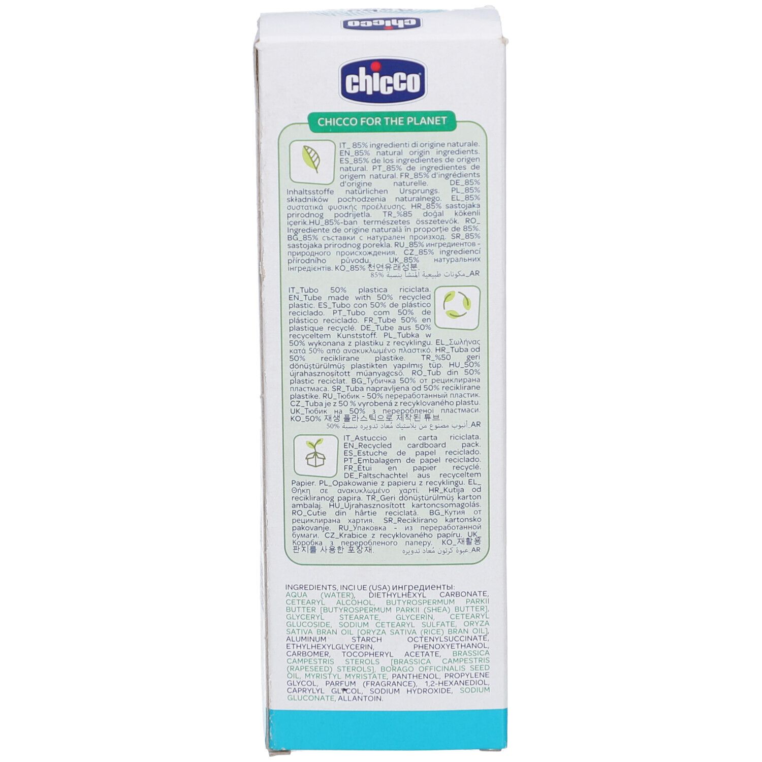 Rückseite der Produktverpackung. Text in mehreren Sprachen. Enthält Informationen über Inhaltsstoffe und Nachhaltigkeit.