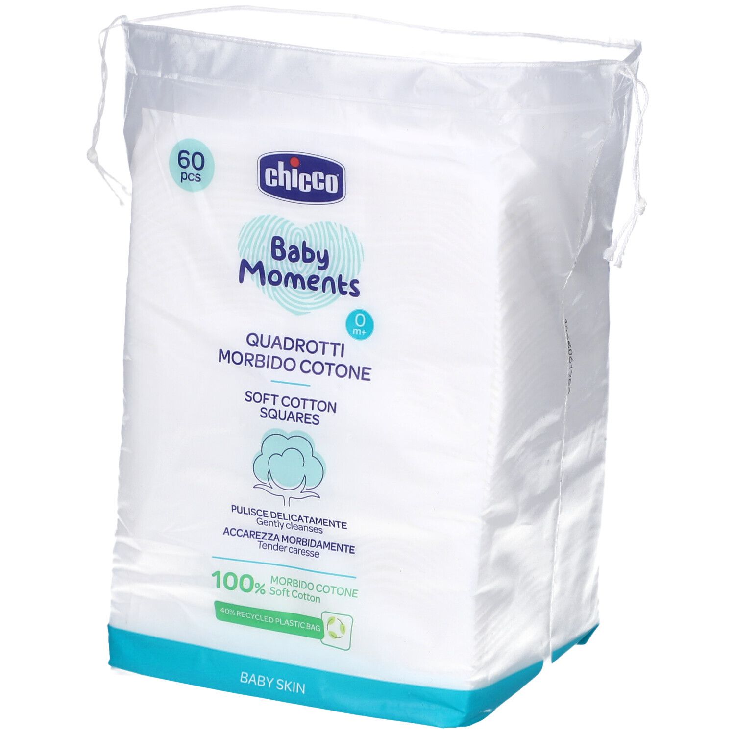 Verpackung mit quadratischen Wattepads. Aufschrift: Chicco Baby Moments, 60 Stück, 100 % reine Baumwolle.