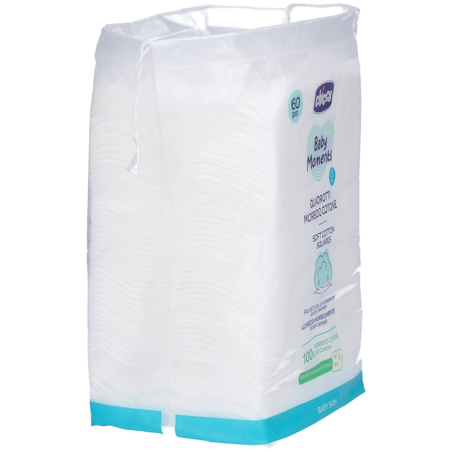 Verpackung mit quadratischen Wattepads. Seitliche Ansicht. Aufschrift: Chicco Baby Moments, 60 Stück.