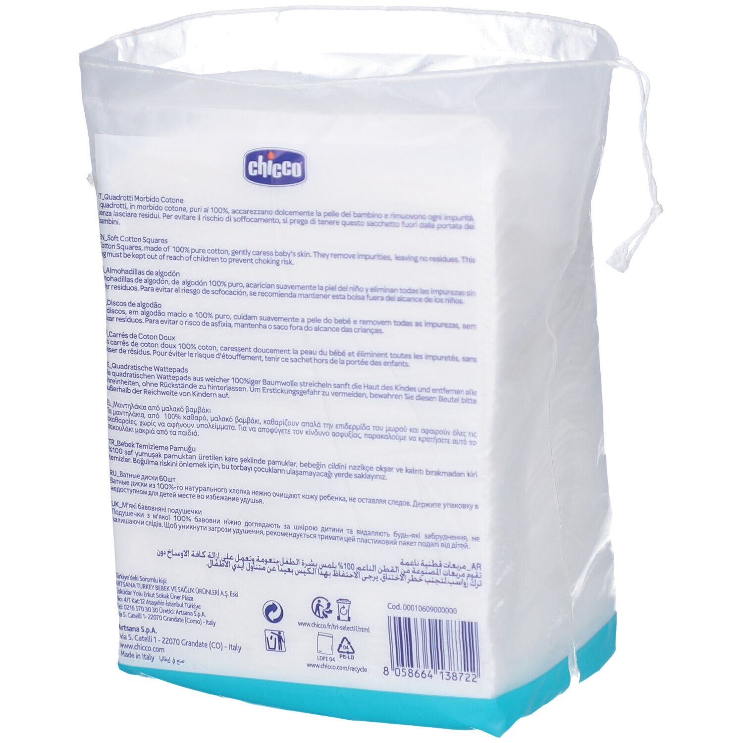 Rückseite der Verpackung mit quadratischen Wattepads. Text in mehreren Sprachen.