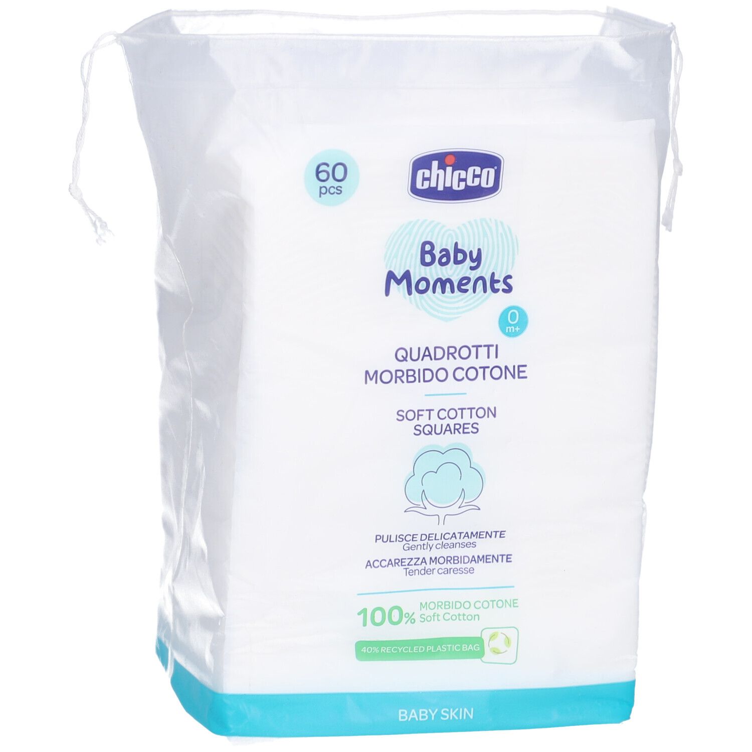 Verpackung mit quadratischen Wattepads. Aufschrift: Chicco Baby Moments, 60 Stück, 100 % reine Baumwolle.