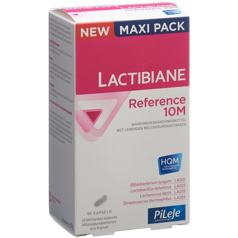 Boîte de LACTIBIANE Référence 10M. Carton blanc et rose avec nom et logo. Contient 90 gélules.