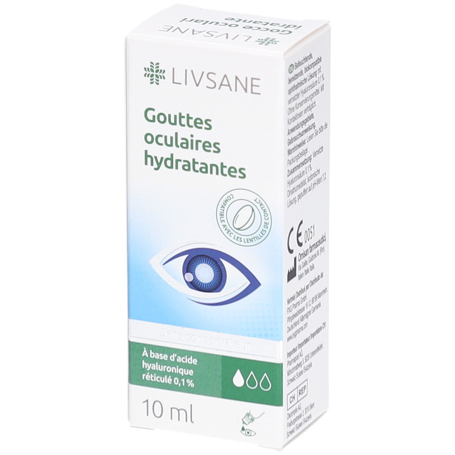 Weißer Karton mit Produktinformationen. Aufschrift: Gouttes oculaires hydratantes. Enthält Hyaluronsäure 0,1%. 10 ml.