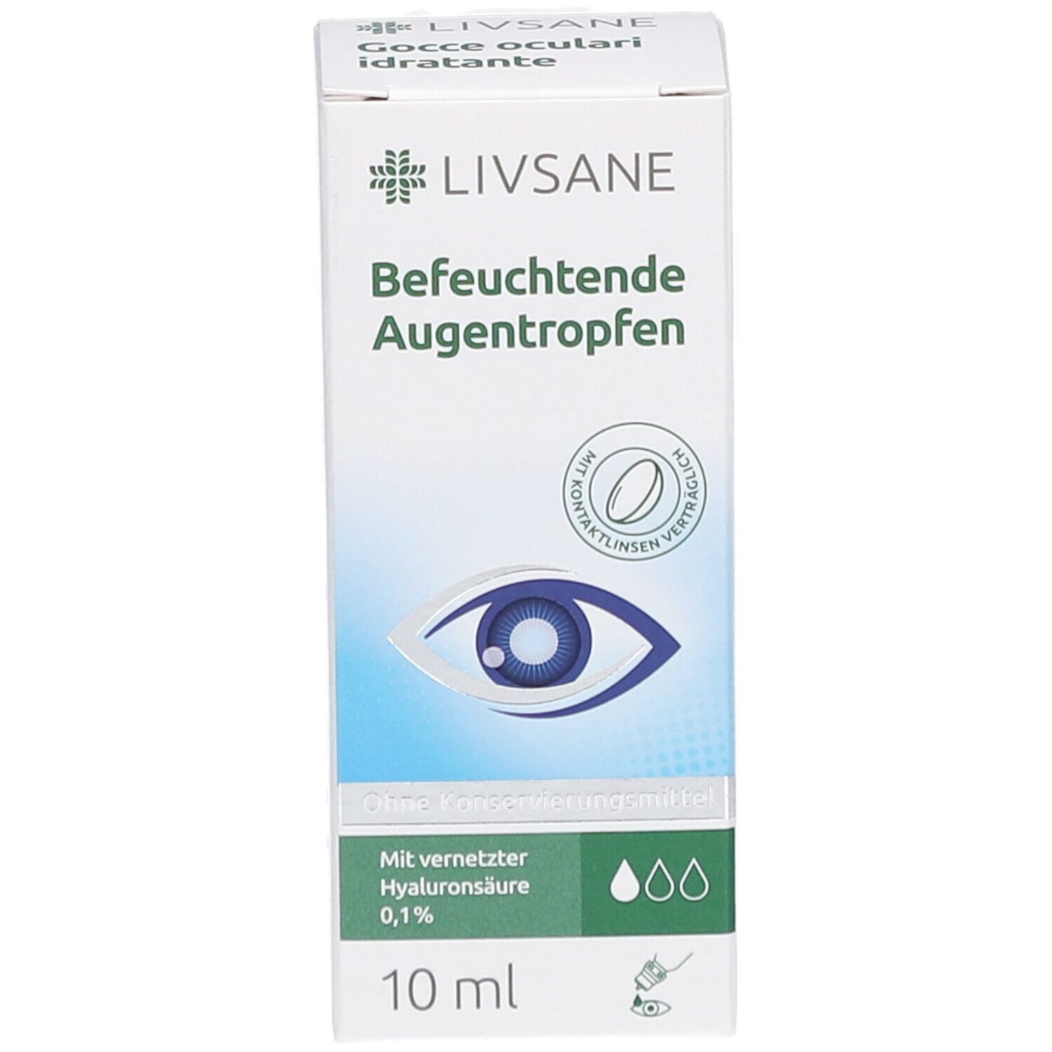 Weißer Karton mit Produktinformationen. Aufschrift: Befeuchtende Augentropfen. Enthält vernetzte Hyaluronsäure 0,1%. 10 ml.