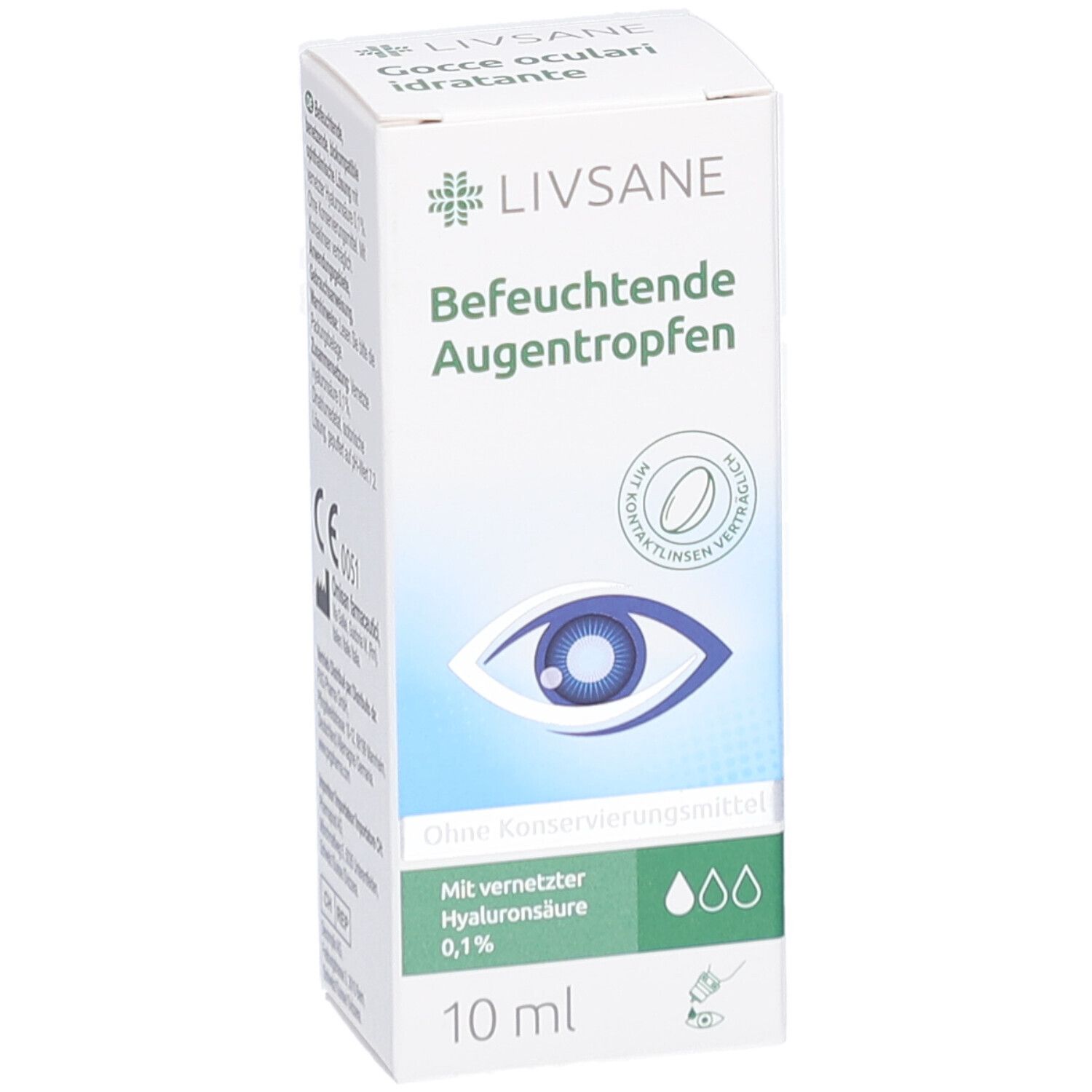 Weißer Karton mit Produktinformationen. Aufschrift: Befeuchtende Augentropfen. Enthält vernetzte Hyaluronsäure 0,1%. 10 ml.