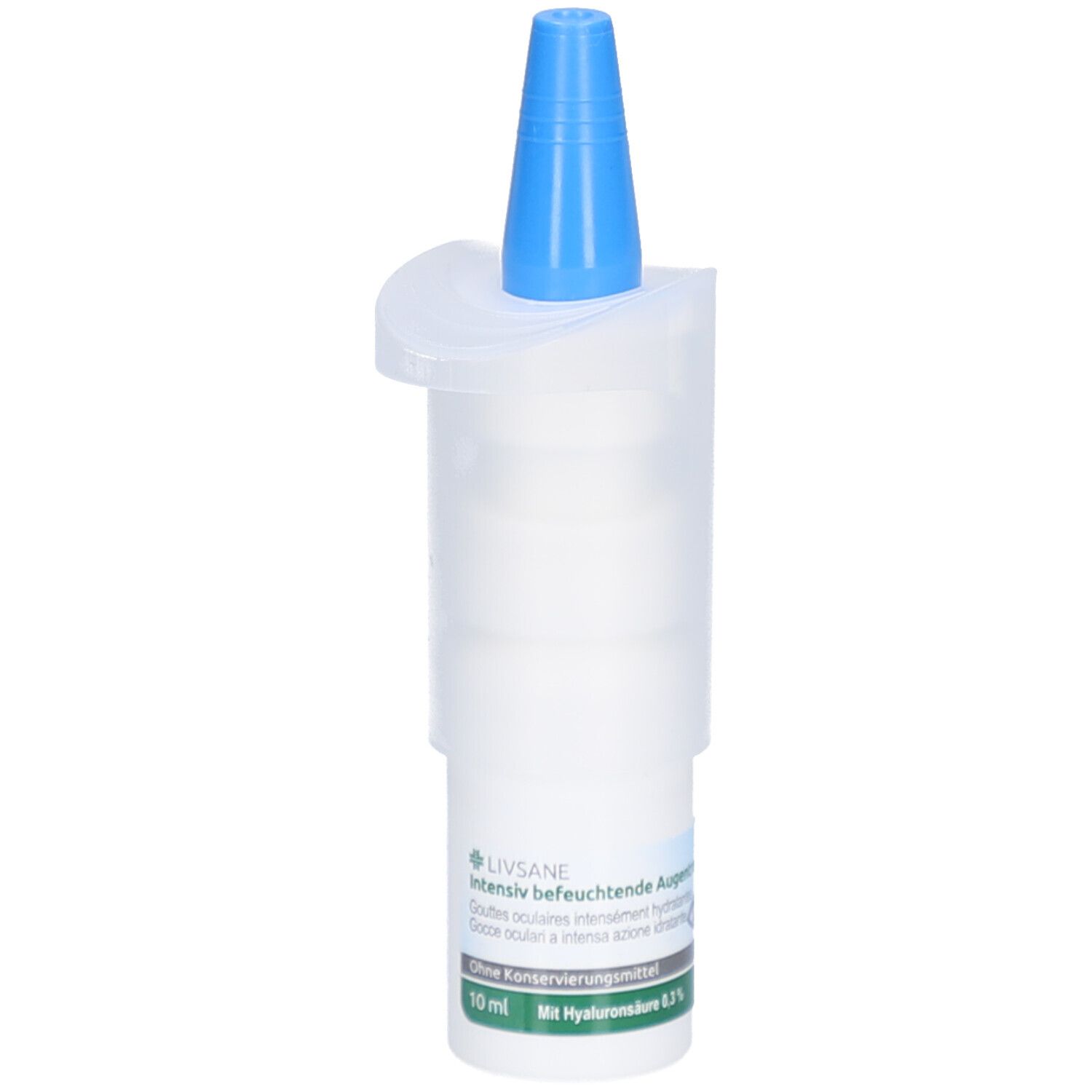 Weißer Augentropfenbehälter mit blauem Verschluss. Beschriftung: LIVSANE, intensiv befeuchtende Augentropfen, 10 ml.
