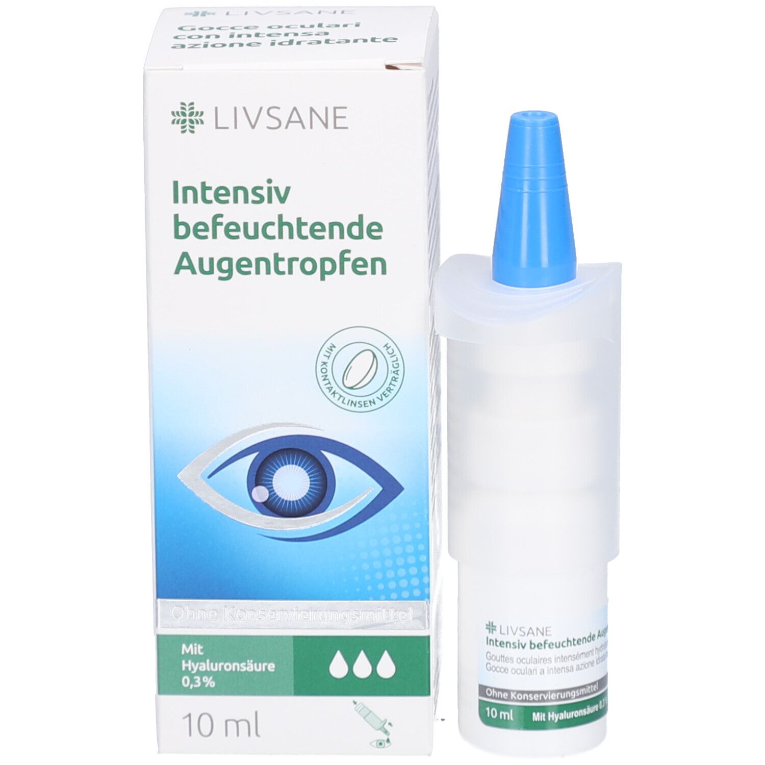 Verpackung und Augentropfen. Karton mit LIVSANE-Logo und Produktbezeichnung. Flasche mit blauem Verschluss.
