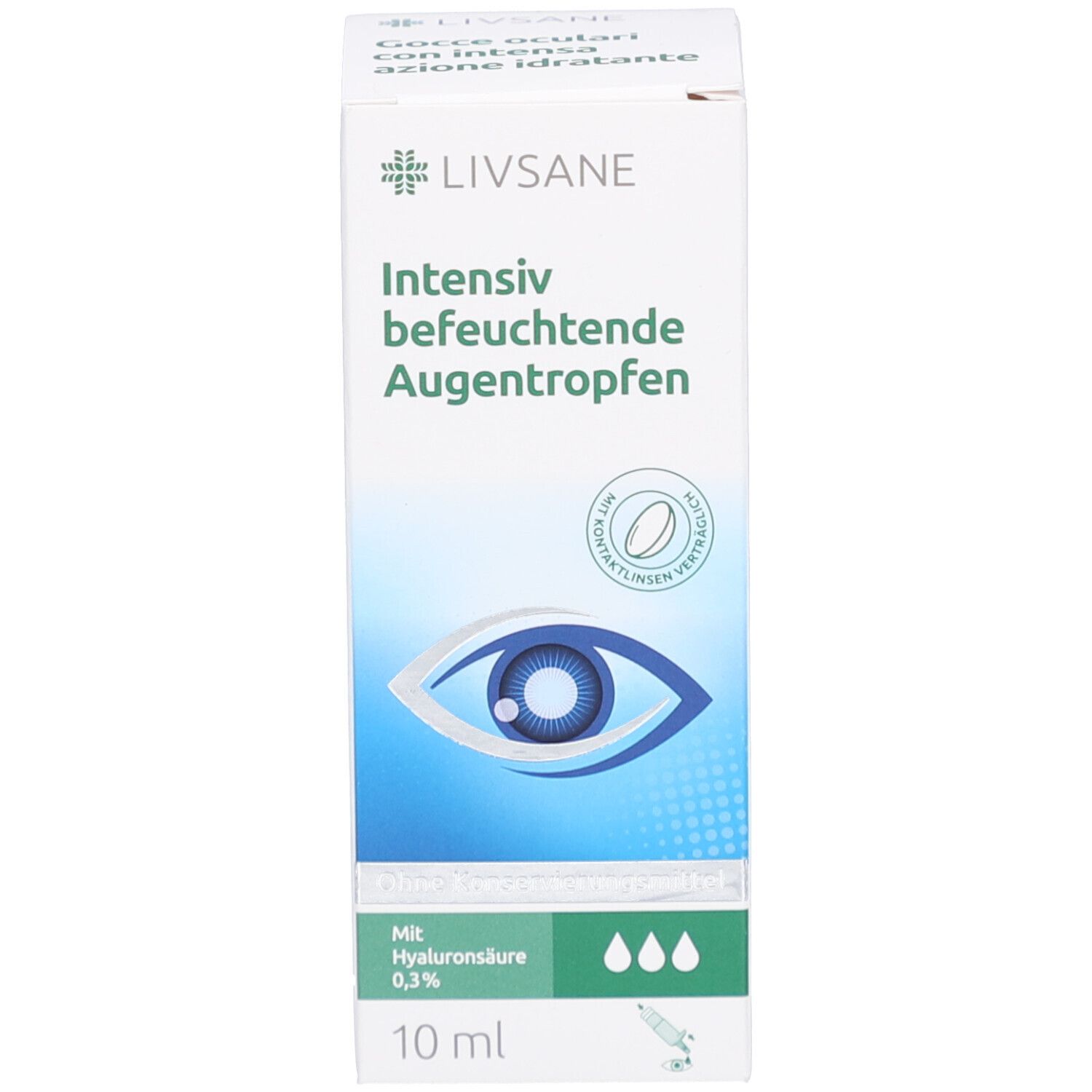 Verpackung mit LIVSANE-Logo und Produktbezeichnung. Augensymbol. Aufdruck: 10 ml, 0,3% Hyaluronsäure.