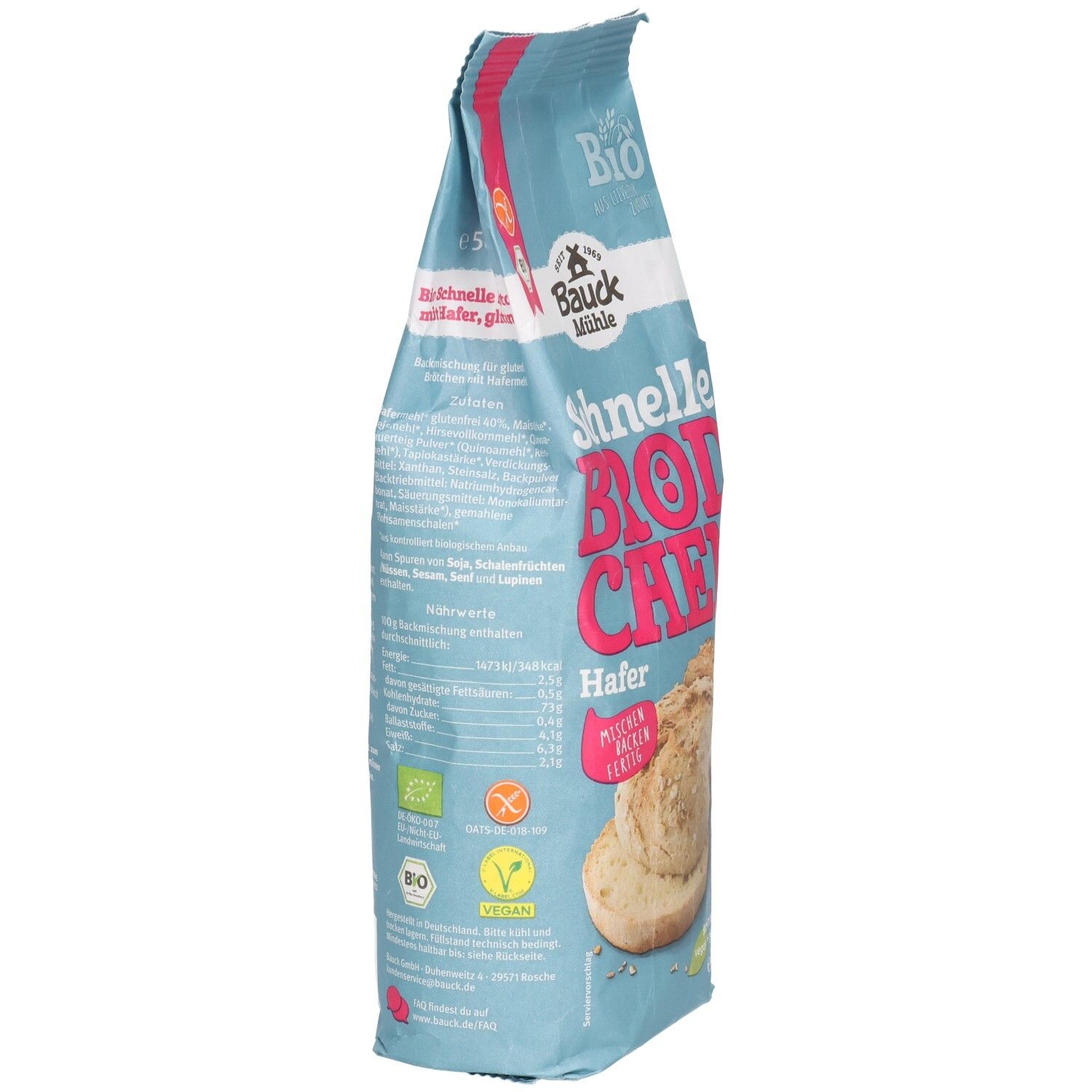 Verpackung "Bauck Mühle Schnelle Brötchen Hafer Backmix glutenfrei" von der Seite. Text und Nährwertangaben. Bio-Siegel und glutenfrei.