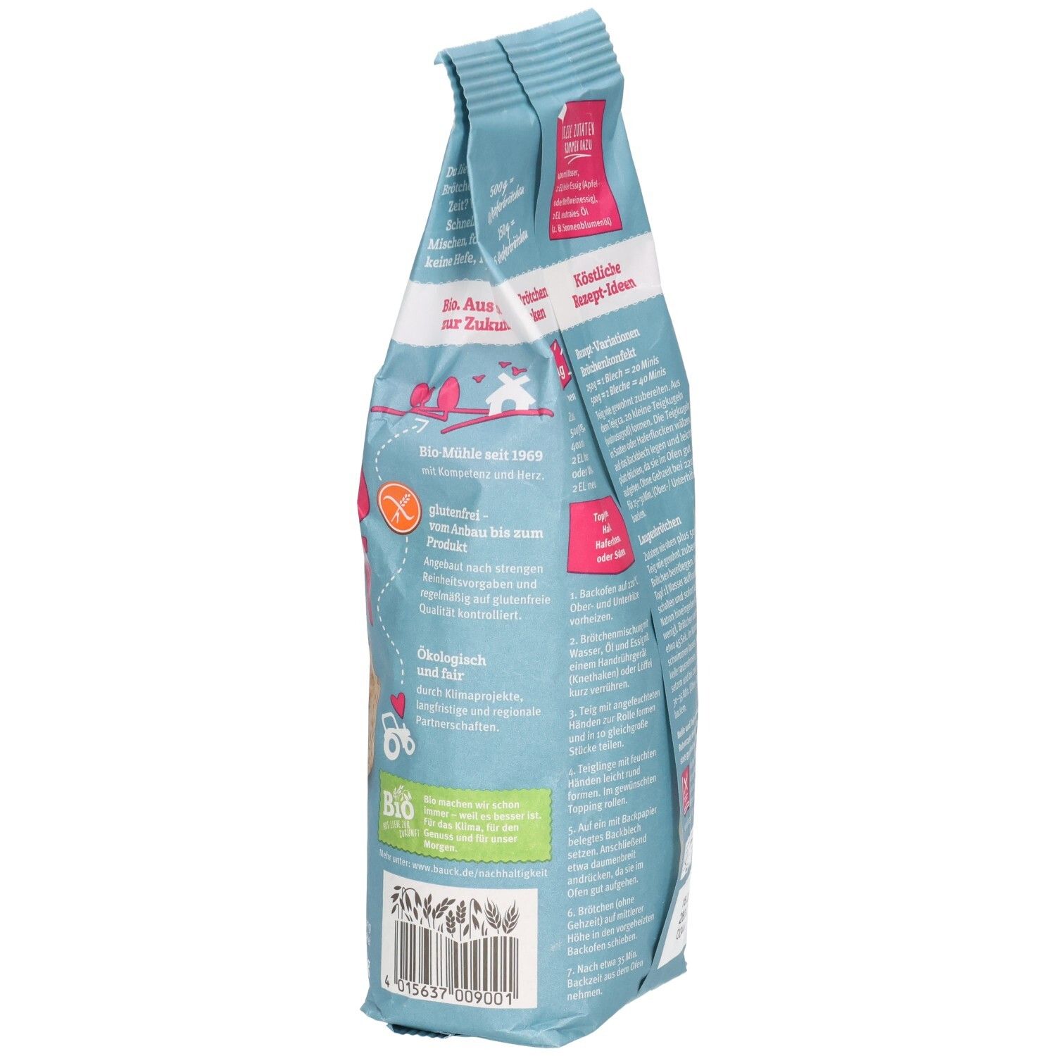 Verpackung "Bauck Mühle Schnelle Brötchen Hafer Backmix glutenfrei" von der Seite. Text und Logos. Bio-Siegel und glutenfrei.
