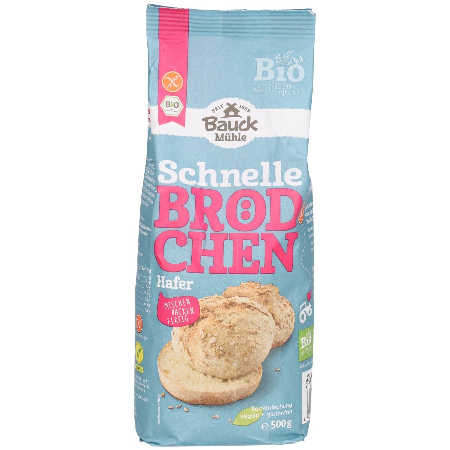 Hellblaue Verpackung "Bauck Mühle Schnelle Brötchen Hafer Backmix glutenfrei". Abbildung von Brötchen. Bio-Siegel und glutenfrei.