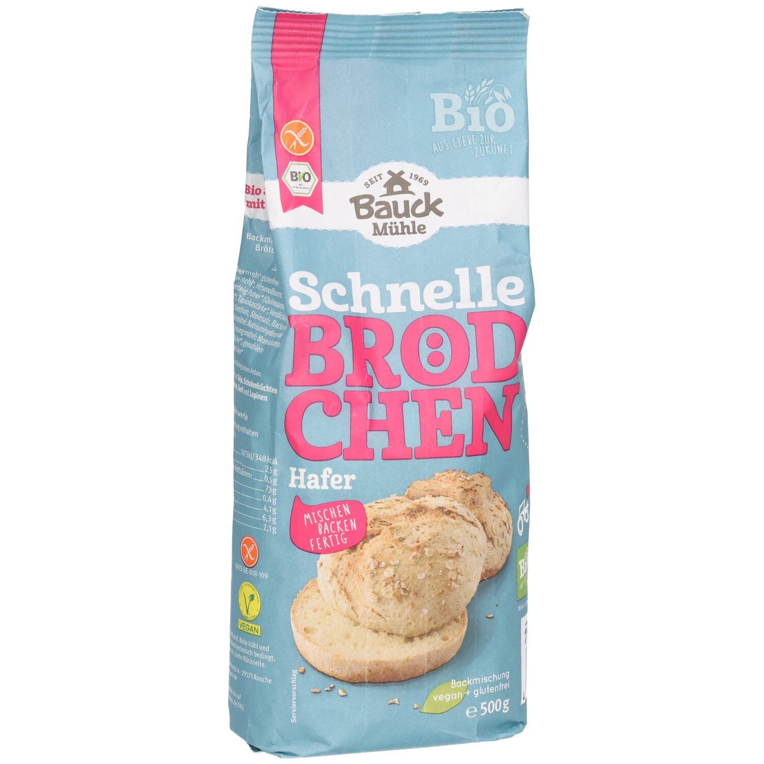 Hellblaue Verpackung "Bauck Mühle Schnelle Brötchen Hafer Backmix glutenfrei". Abbildung von Brötchen. Bio-Siegel und glutenfrei.