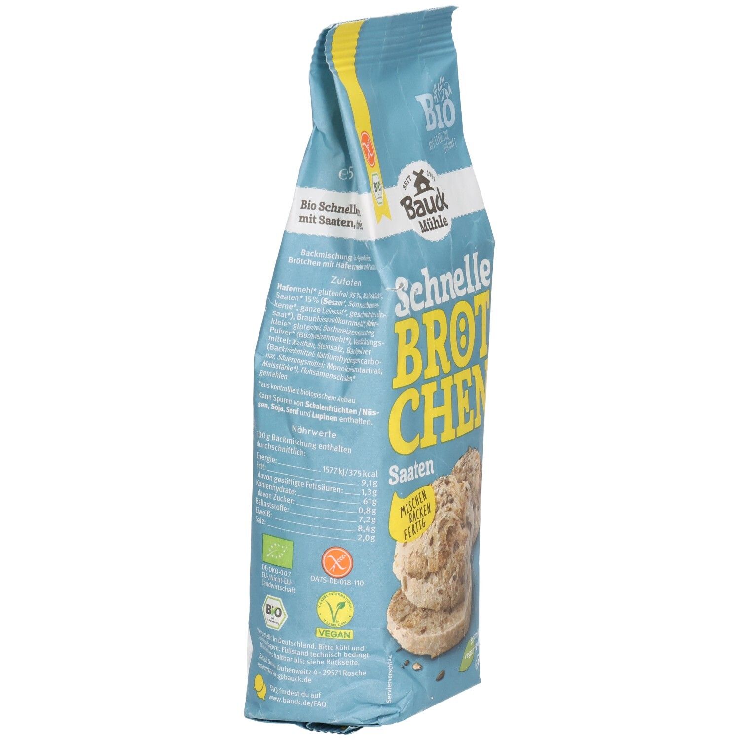Vue latérale de l'emballage "Schnelle Brötchen Saaten". Informations textuelles, label bio, symbole sans gluten et informations nutritionnelles.