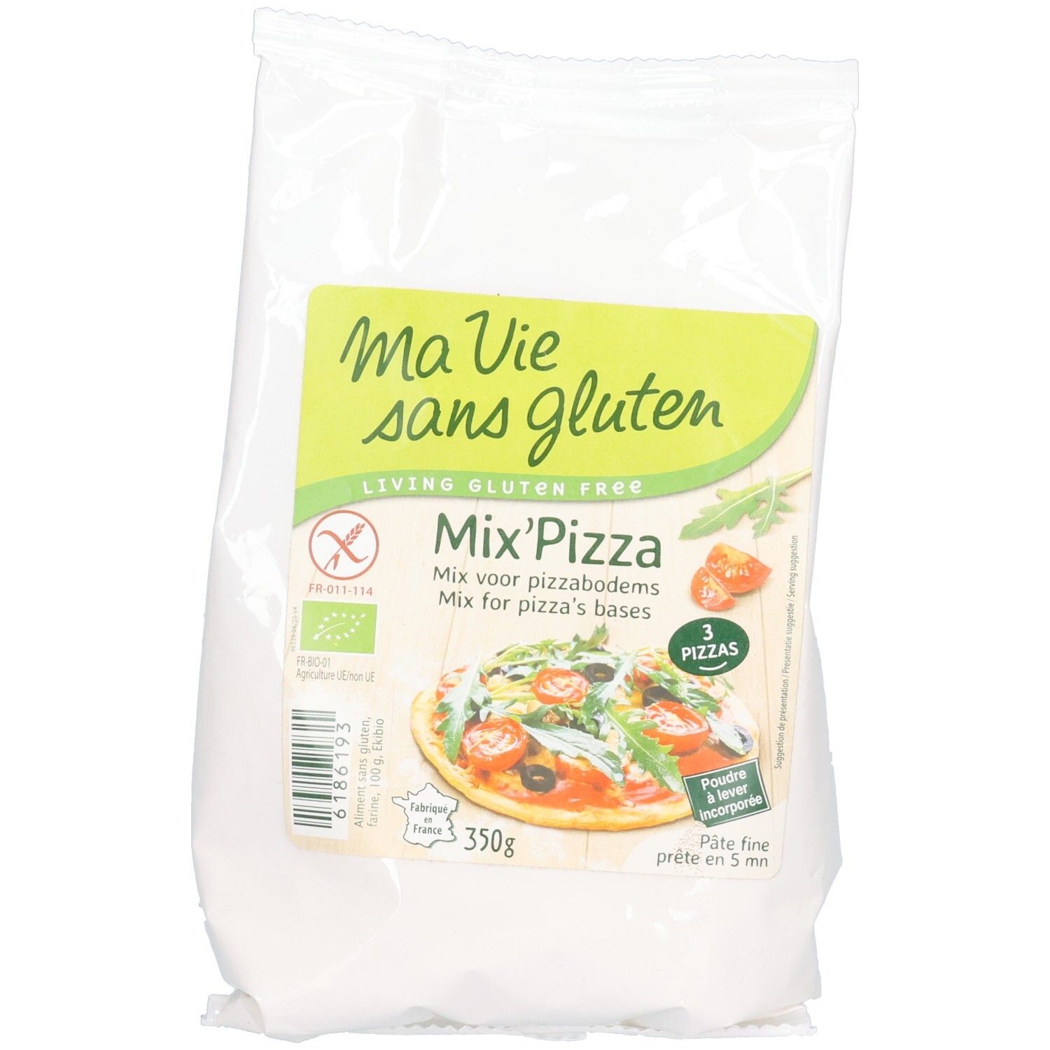 Glutenfreie Bio-Pizzamischung, 350g Beutel. Enthält eine Abbildung einer fertigen Pizza.