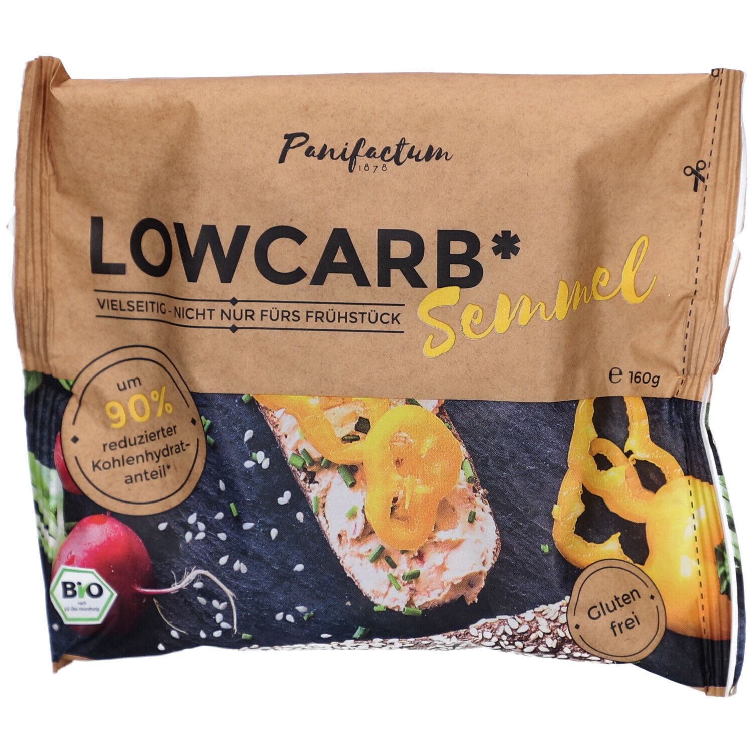 Emballage de pain. Inscription: LOWCARB, Semmel, sans gluten, bio. Image de pain garni. Emballage en papier brun.