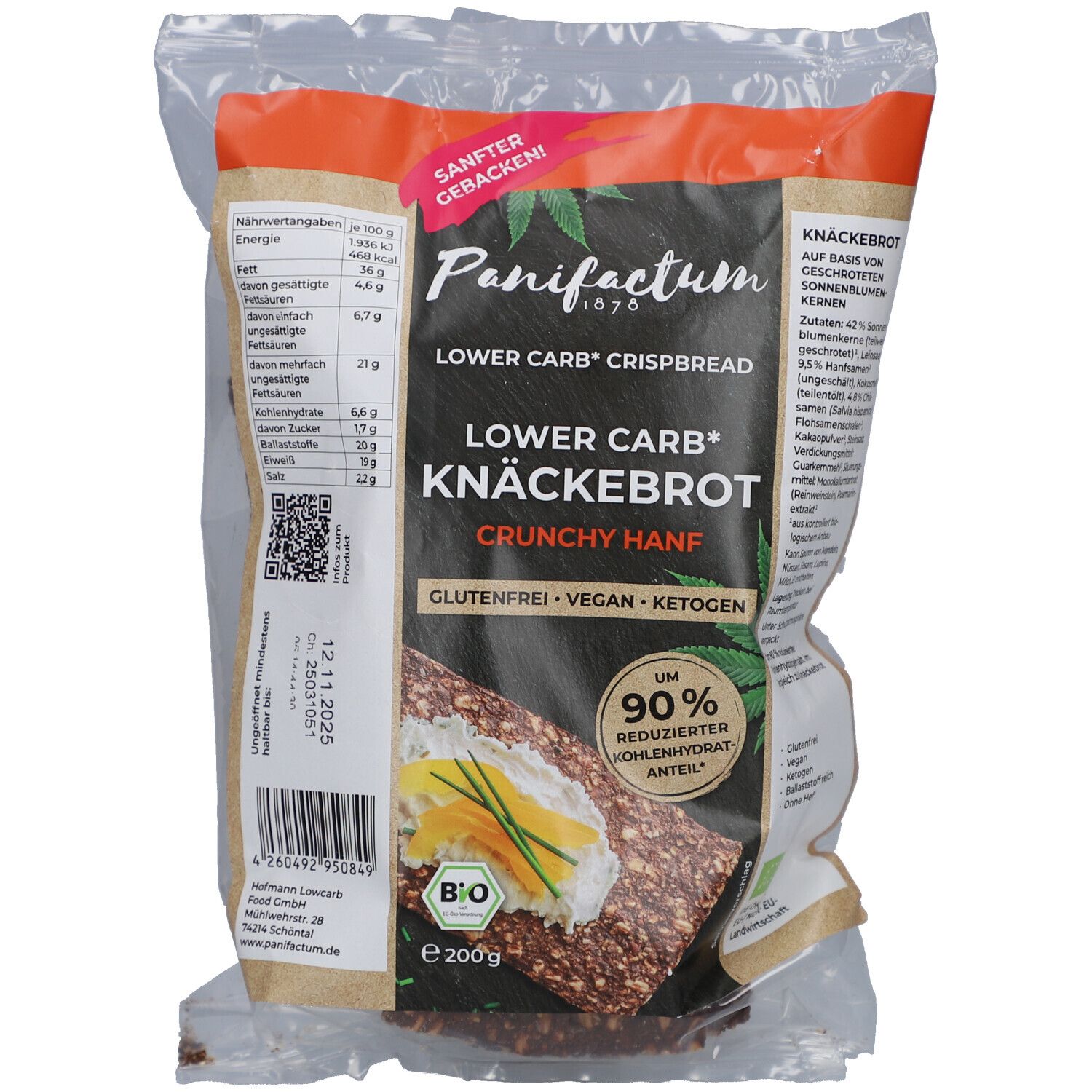 Verpackung von Knäckebrot. Aufdruck: Panifactum, Lower Carb Knäckebrot, glutenfrei, vegan, keto. Bio-Siegel. 200g.