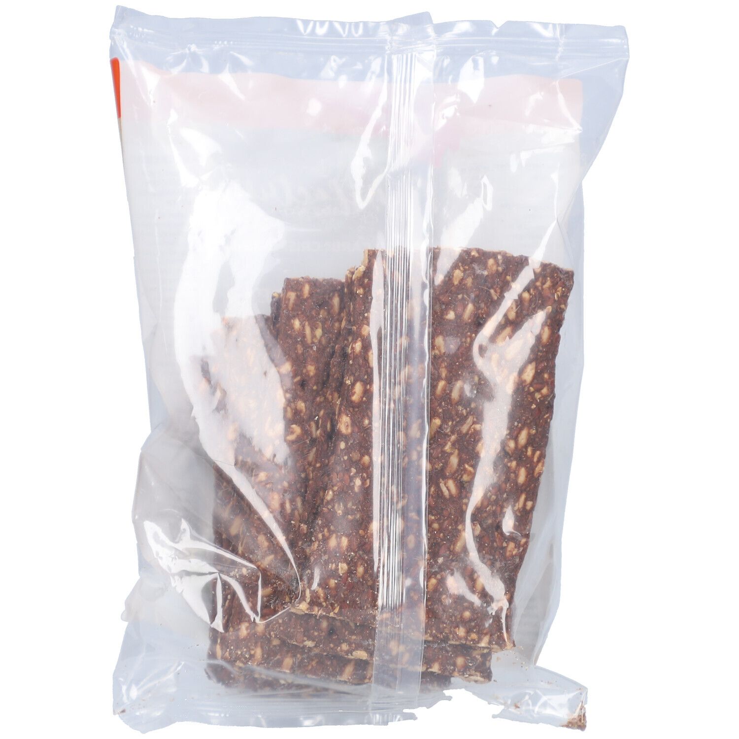 Geöffnete transparente Verpackung mit Knäckebrot. Mehrere rechteckige Stücke Knäckebrot sichtbar.