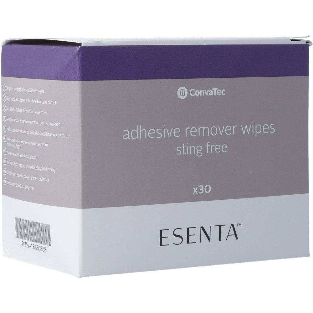 Karton mit ESENTA Pflasterentferner-Tüchern. Aufschrift: adhesive remover wipes sting free, x30. Marke ESENTA und ConvaTec.