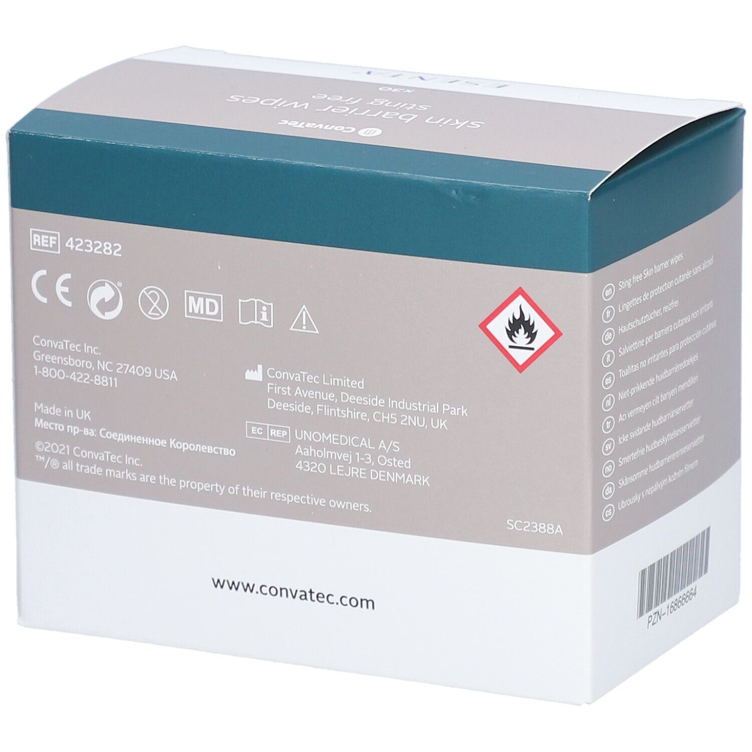 ESENTA Hautschutzfilm Tücher, Packung. Rückseite mit Herstellerinformationen, Logos und Warnhinweis.