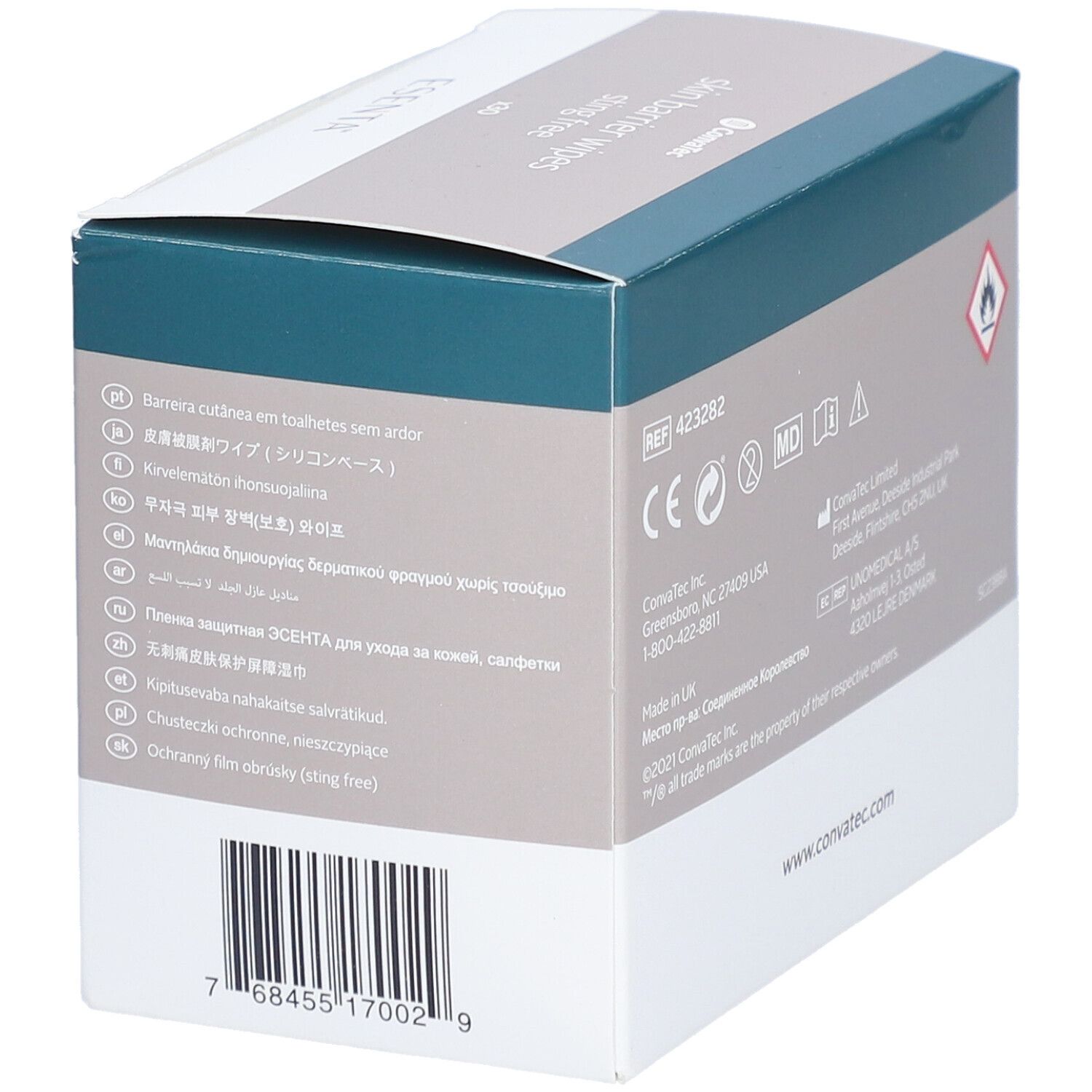 ESENTA Hautschutzfilm Tücher, Packung. Schräge Ansicht der Rückseite mit Herstellerinformationen und Logos.
