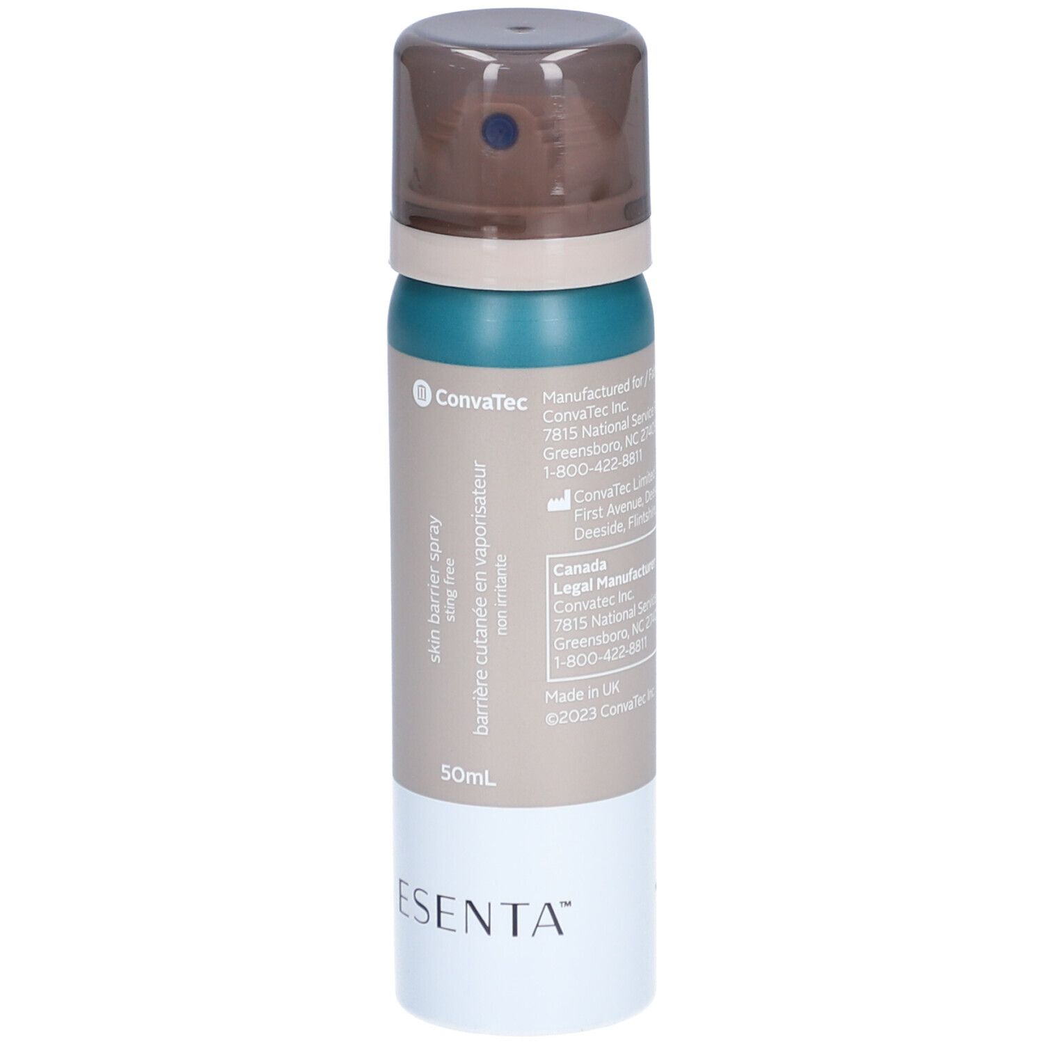 ESENTA barrière cutanée en vaporisateur. Flacon pulvérisateur vert et marron avec base blanche. 50 ml. Logo ConvaTec.