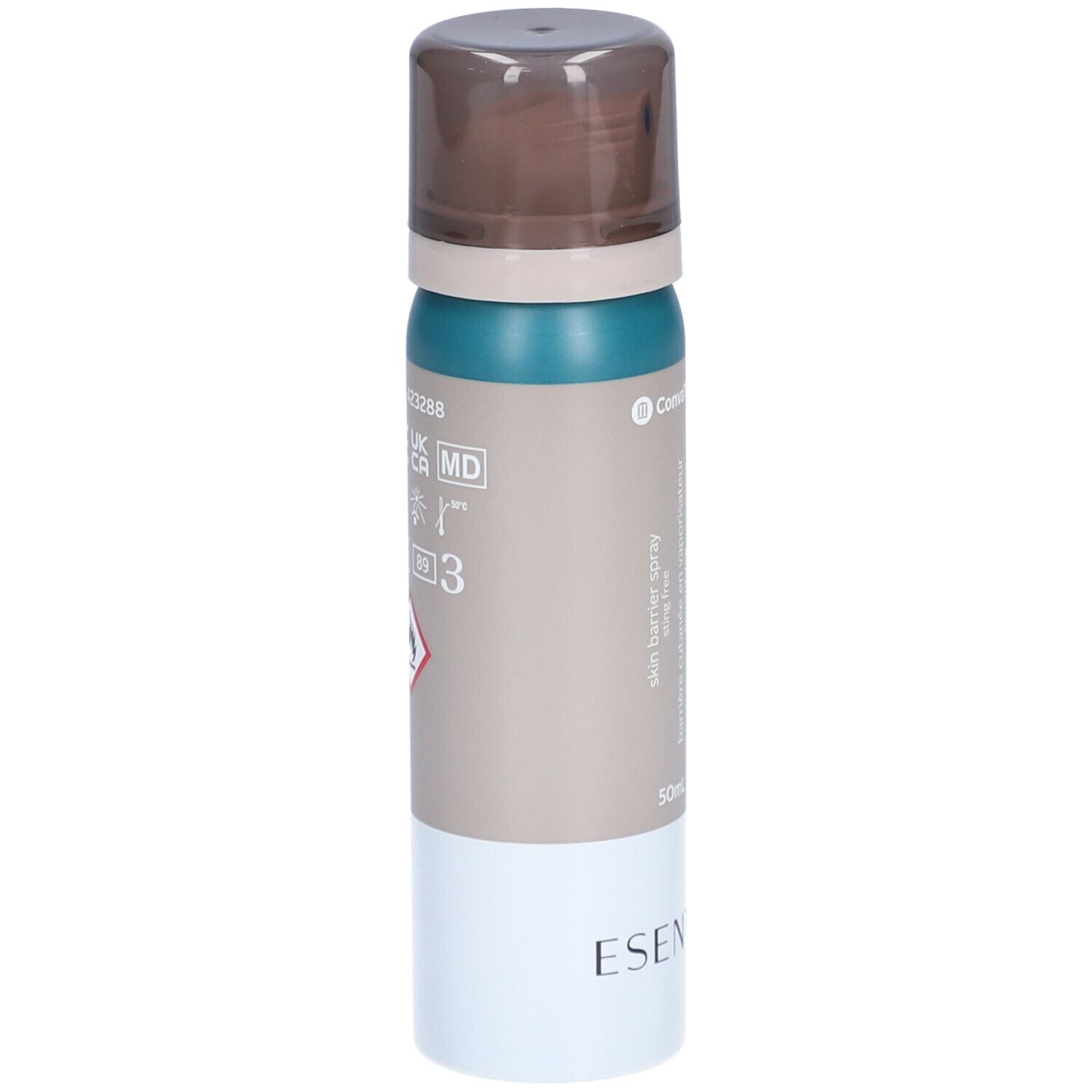 ESENTA barrière cutanée en vaporisateur. Flacon pulvérisateur vert et marron avec base blanche. 50 ml. Logo ConvaTec. Avertissements.