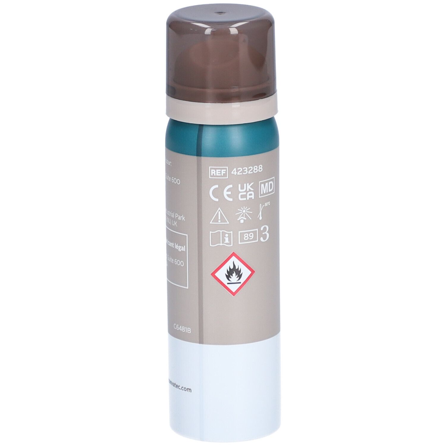 ESENTA barrière cutanée en vaporisateur. Flacon pulvérisateur vert et marron avec base blanche. 50 ml. Logo ConvaTec. Marquage CE.