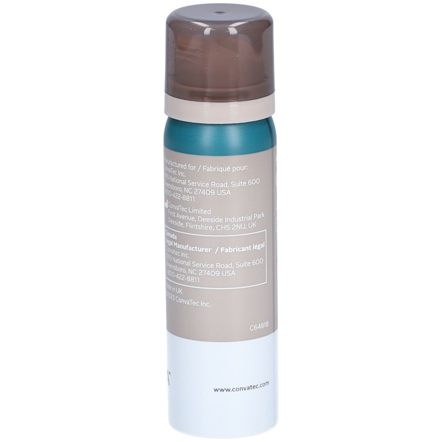 ESENTA barrière cutanée en vaporisateur. Flacon pulvérisateur vert et marron avec base blanche. 50 ml. Logo ConvaTec. Informations fabricant.