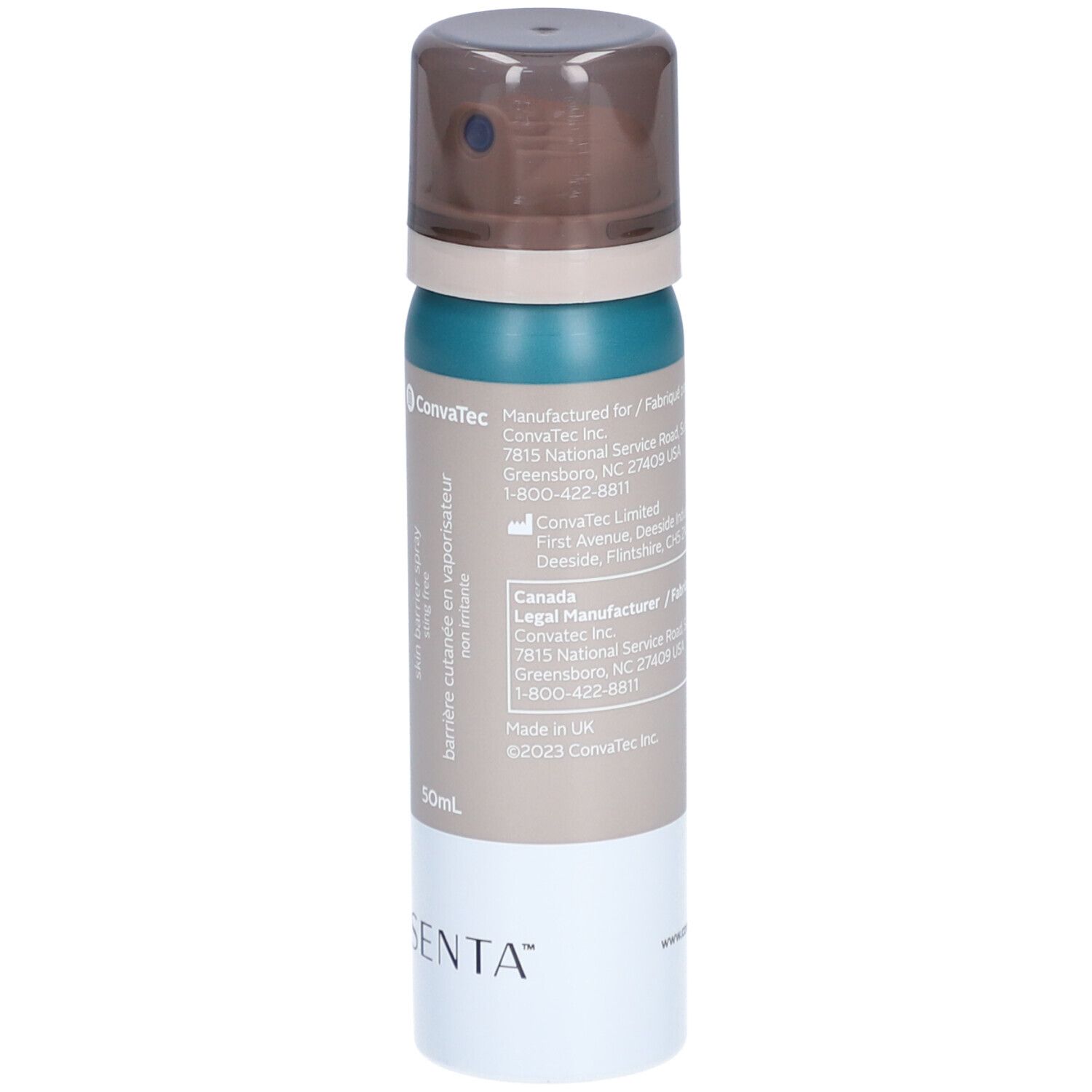 ESENTA barrière cutanée en vaporisateur. Flacon pulvérisateur vert et marron avec base blanche. 50 ml. Logo ConvaTec. Informations fabricant.