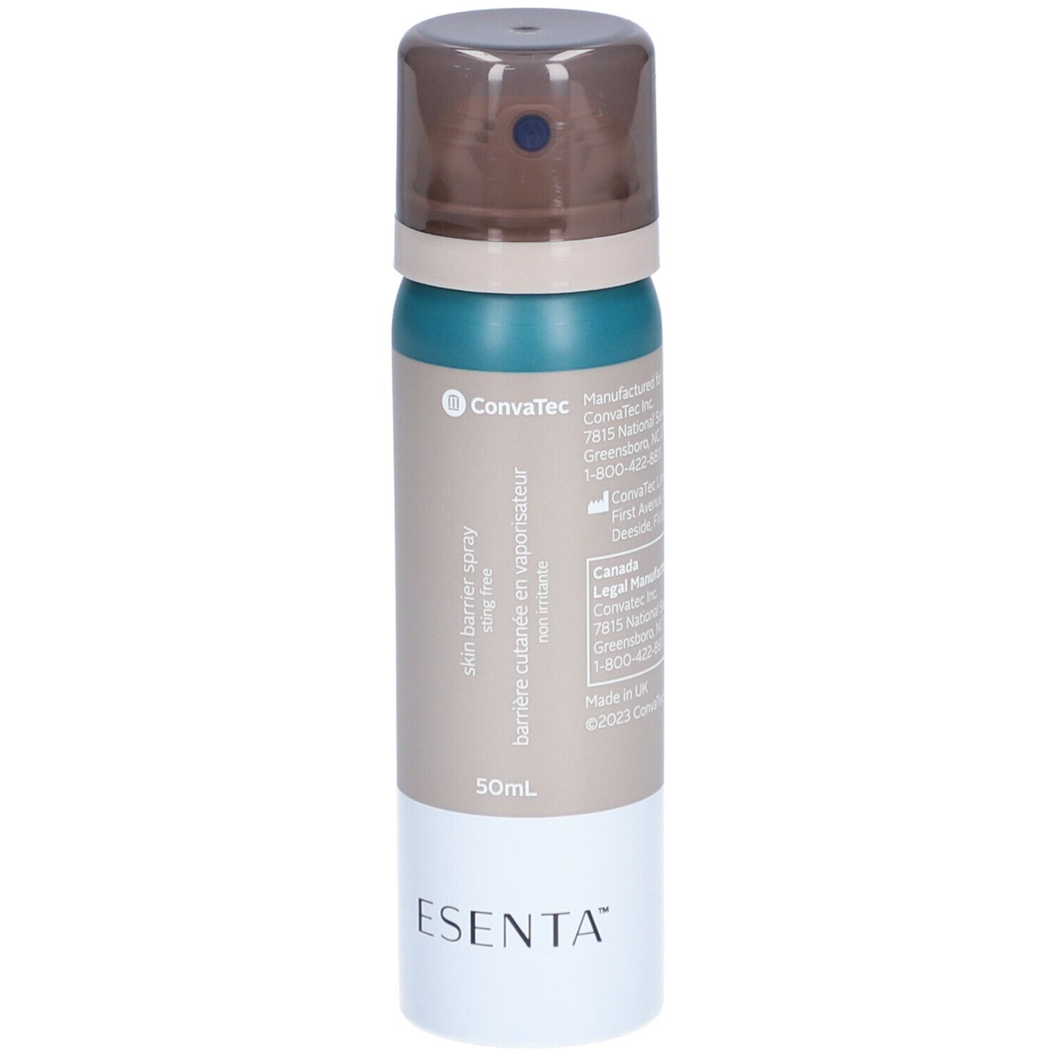 ESENTA barrière cutanée en vaporisateur. Flacon pulvérisateur vert et marron avec base blanche. 50 ml. Logo ConvaTec.