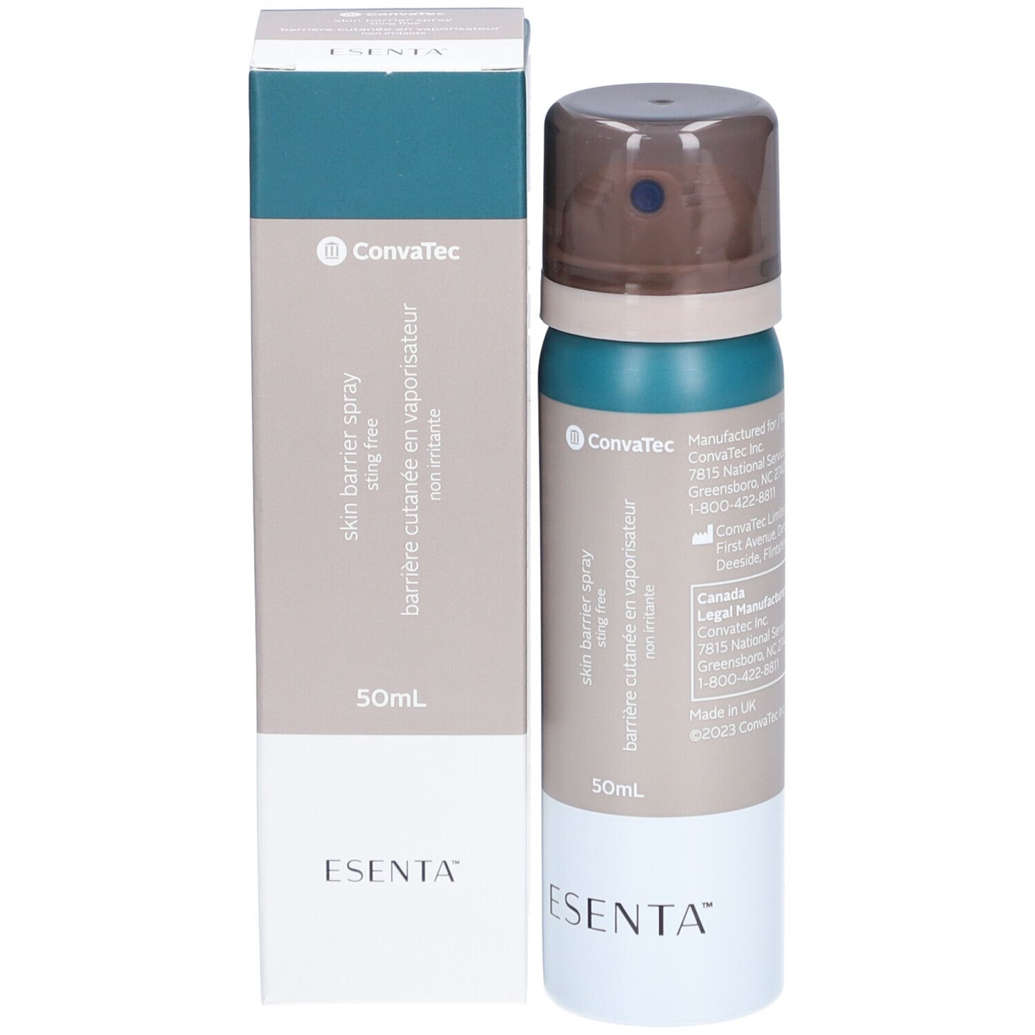 ESENTA barrière cutanée en vaporisateur et emballage. Flacon pulvérisateur et emballage vert et marron. 50 ml. Logo ConvaTec.