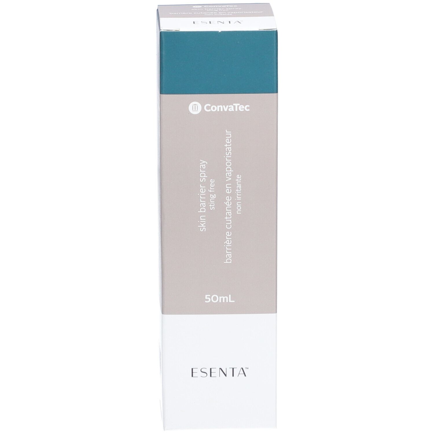 ESENTA barrière cutanée, emballage. Emballage avec flacon pulvérisateur. 50 ml. Logo ConvaTec.