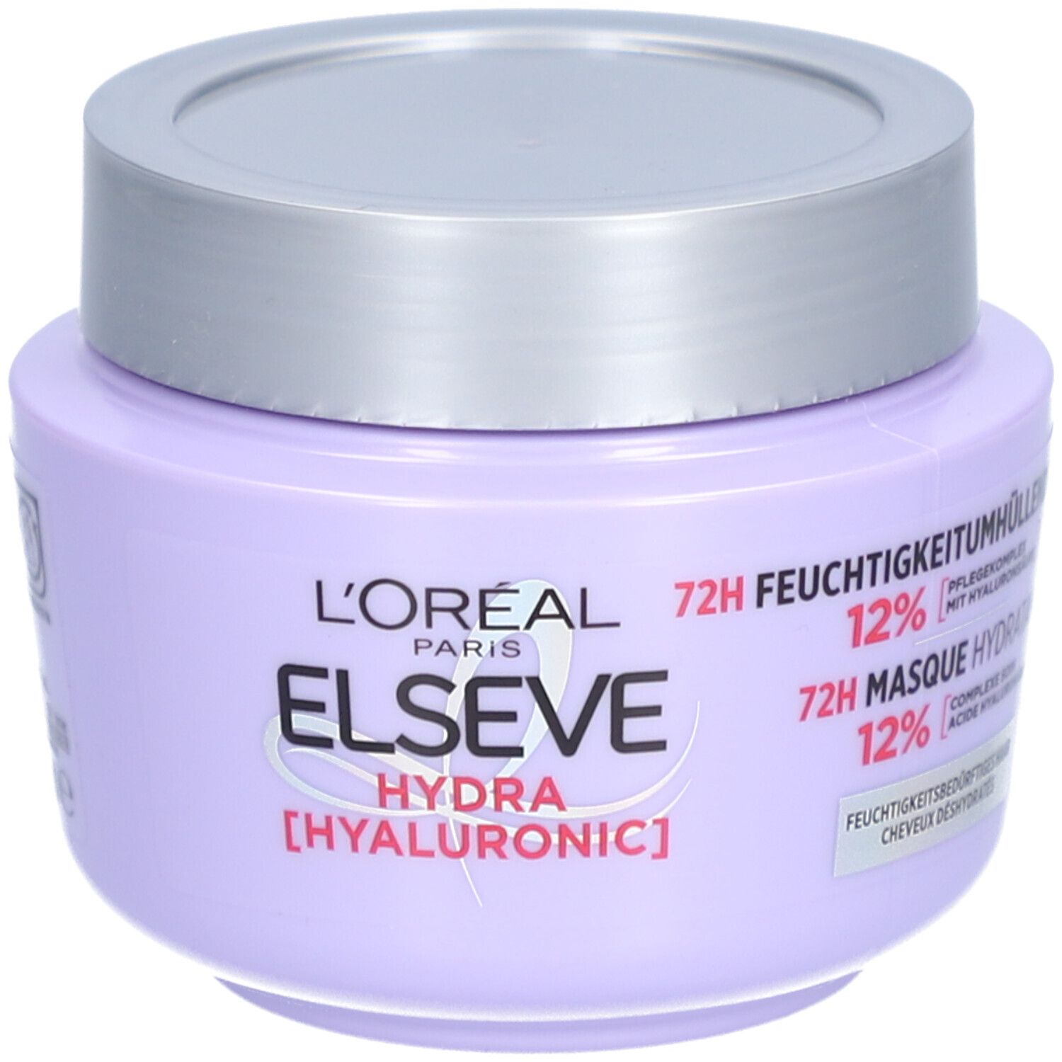 Lila Tiegel mit silbernem Deckel. Aufschrift: L'Oréal Paris Elseve Hydra [Hyaluronic]. Text: 72H Feuchtigkeit.