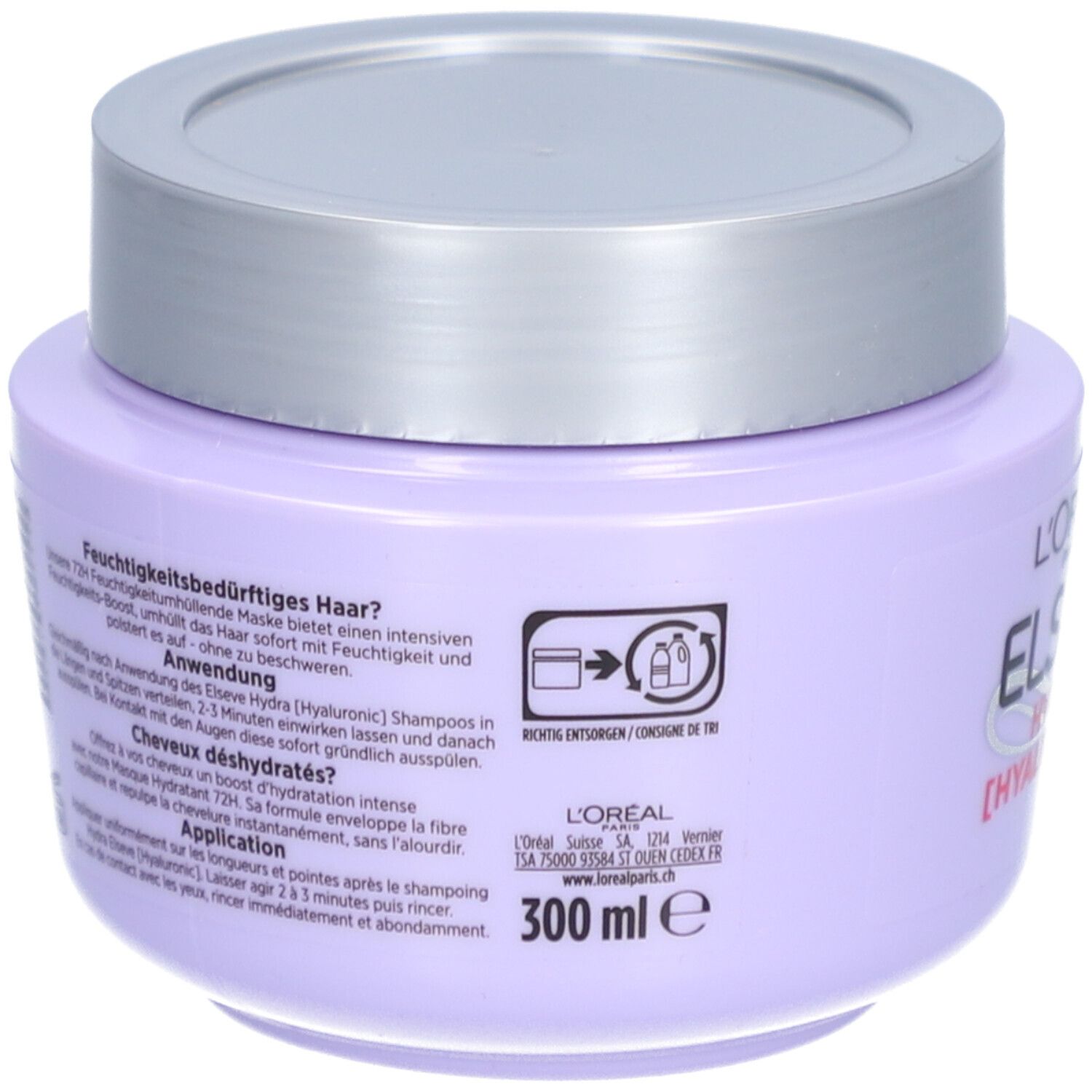 Rückseite des lila Tiegels mit silbernem Deckel. Text: Anwendung, 300 ml, Inhaltsstoffe, QR-Code, Recycling-Symbol.