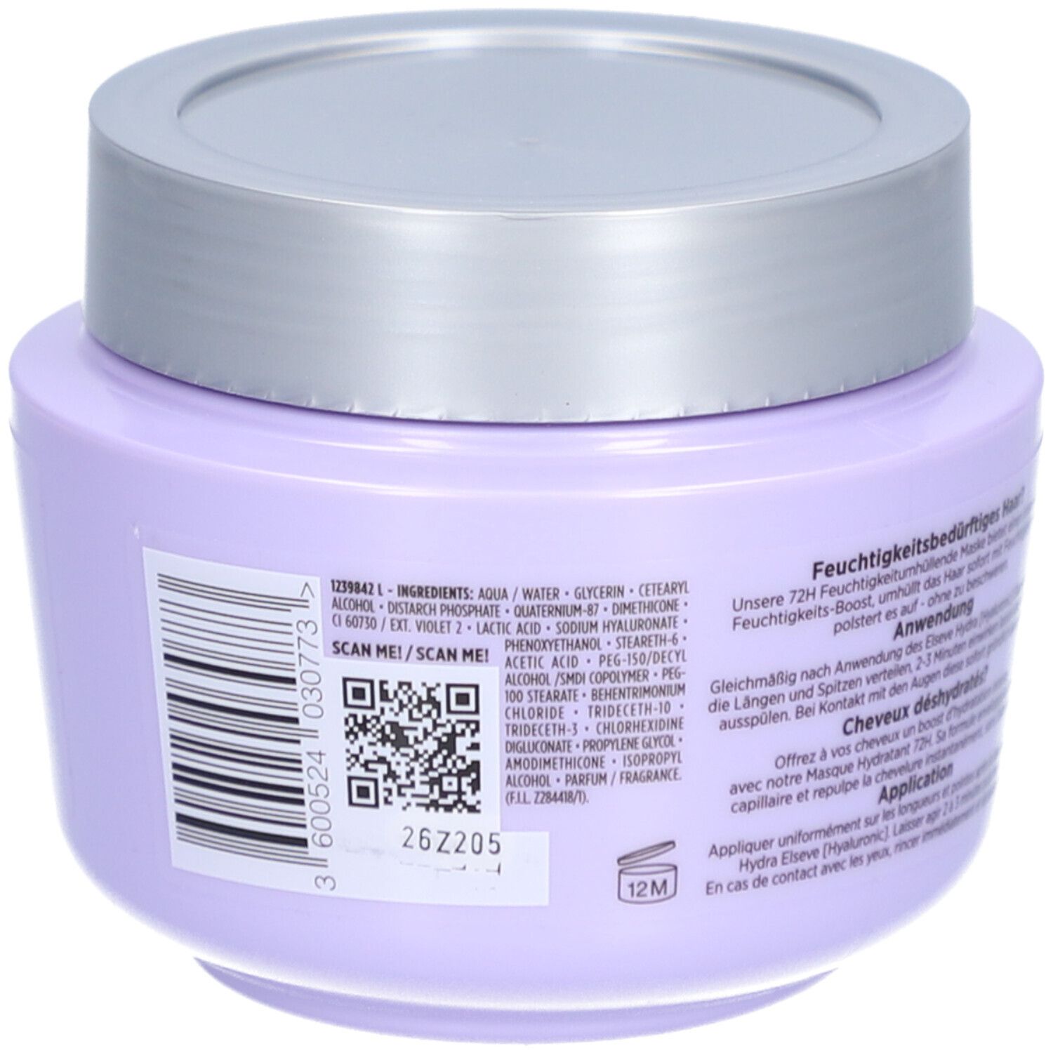 Rückseite des lila Tiegels mit silbernem Deckel. Text: Inhaltsstoffe, QR-Code, 12M-Symbol.