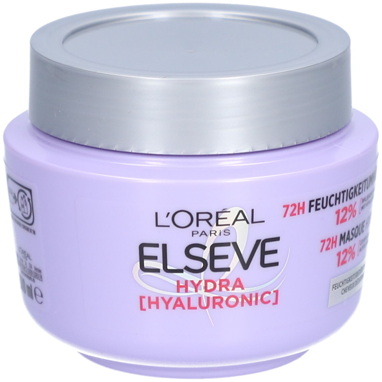 Lila Tiegel mit silbernem Deckel. Aufschrift: L'Oréal Paris Elseve Hydra [Hyaluronic]. Text: 72H Feuchtigkeit.