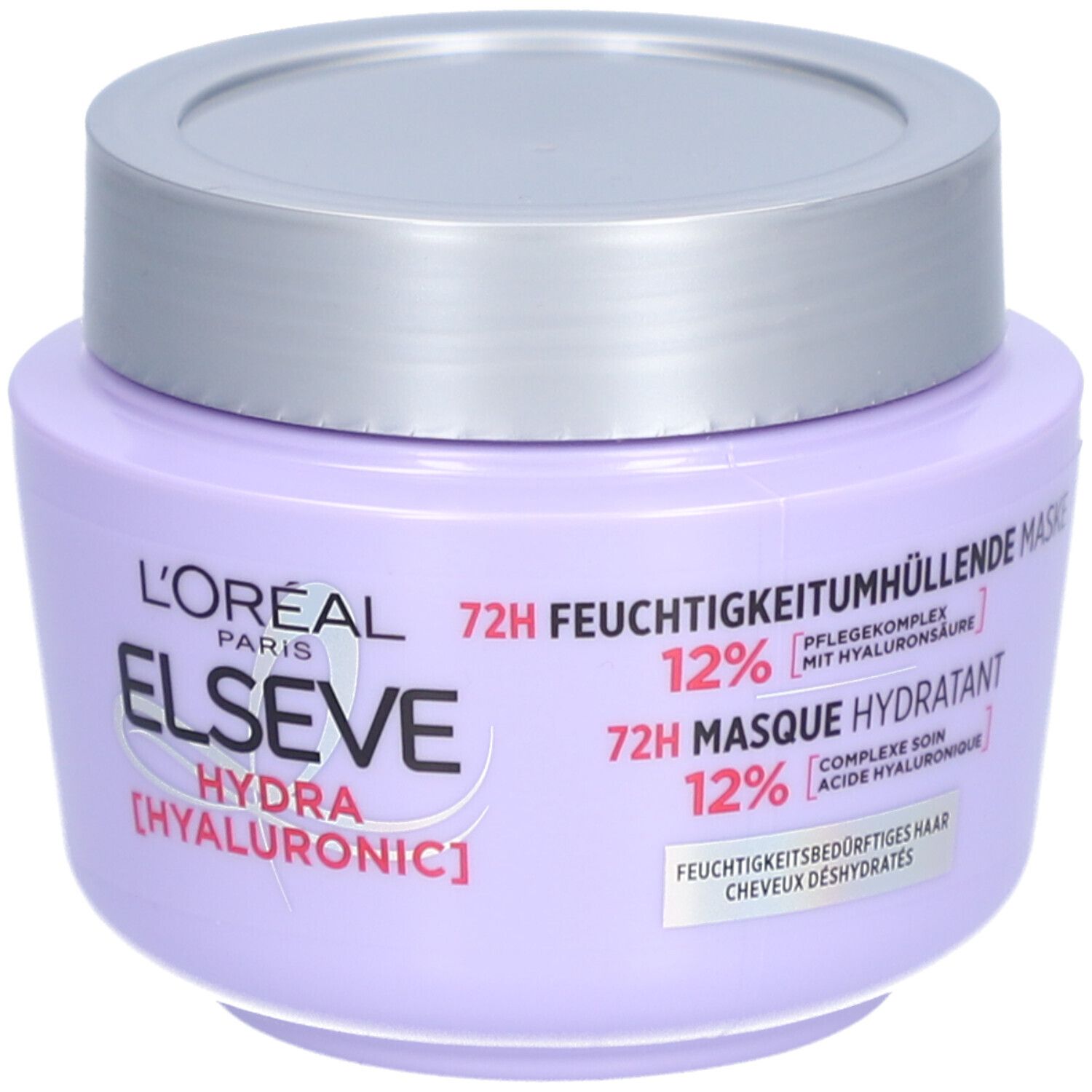Lila Tiegel mit silbernem Deckel. Aufschrift: L'Oréal Paris Elseve Hydra [Hyaluronic]. Text: 72H Feuchtigkeit.