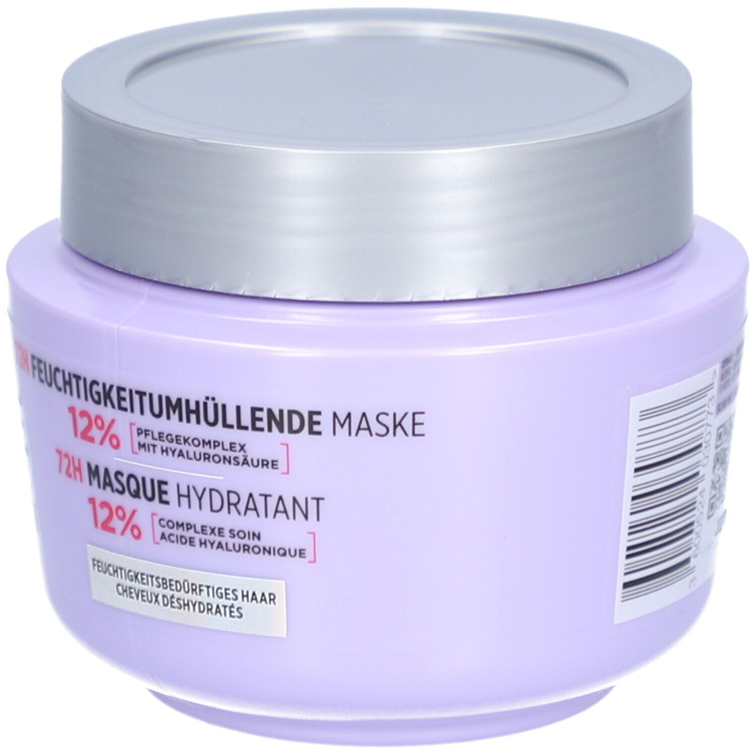 Lila Tiegel mit silbernem Deckel. Aufschrift: L'Oréal Paris Elseve Hydra [Hyaluronic]. Text: 72H Feuchtigkeit.