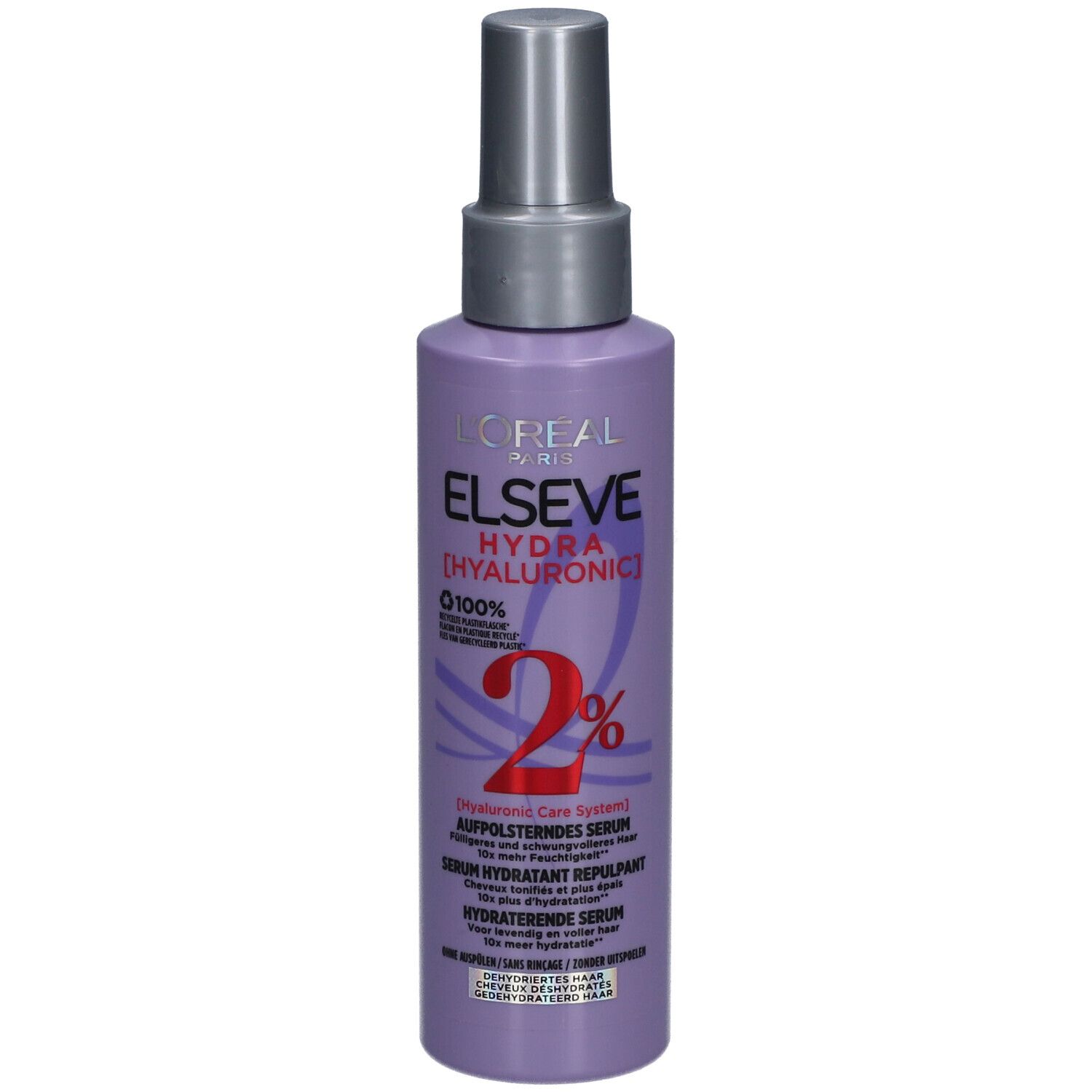 L'Oréal Paris Elseve Hydra Hyaluronic Serum. Lila Flasche mit Sprühkopf. Produktinformationen und Logo.