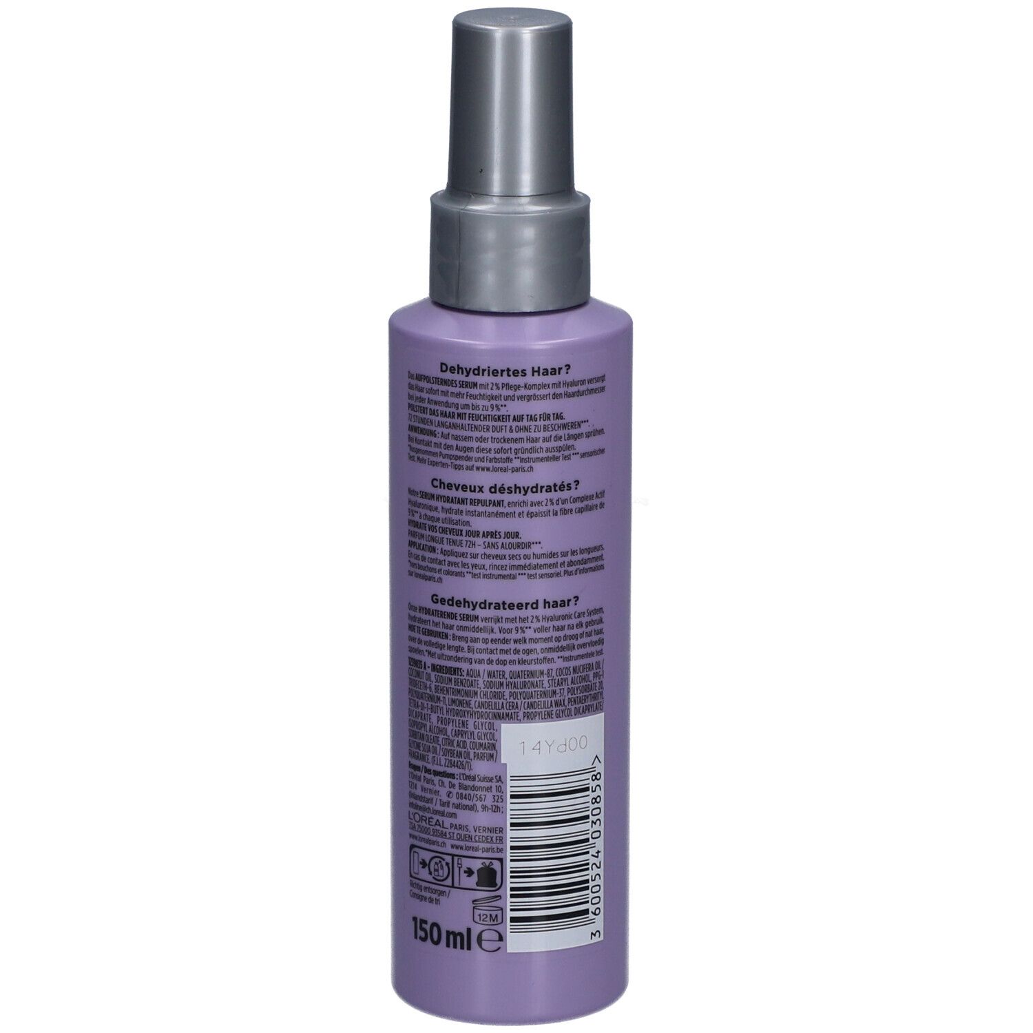 L'Oréal Paris Elseve Hydra Hyaluronic Serum. Lila Flasche mit Sprühkopf. Rückseite mit Text und Barcode.