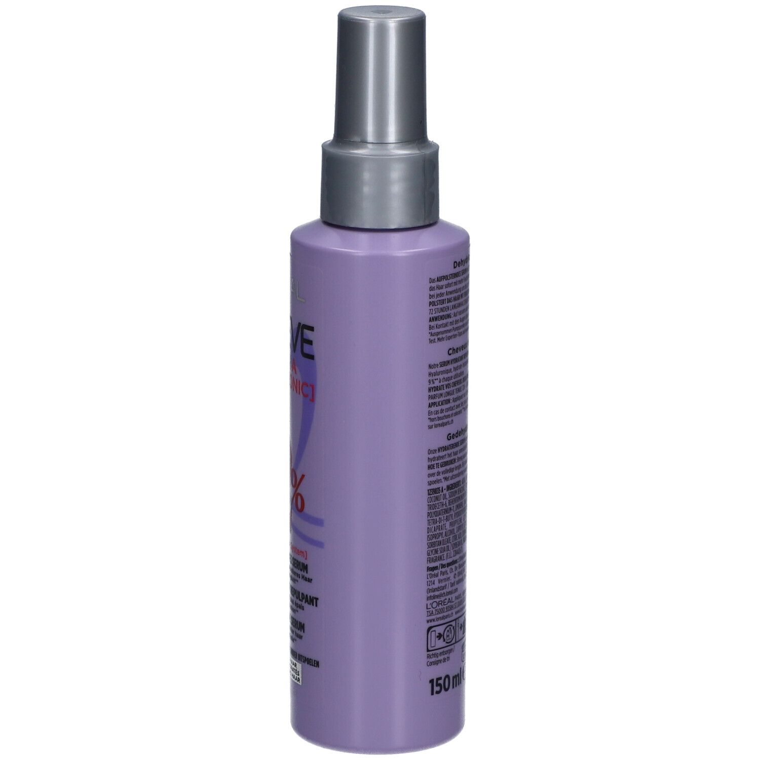 L'Oréal Paris Elseve Hydra Hyaluronic Serum. Lila Flasche mit Sprühkopf. Seitenansicht mit Produktinformationen.