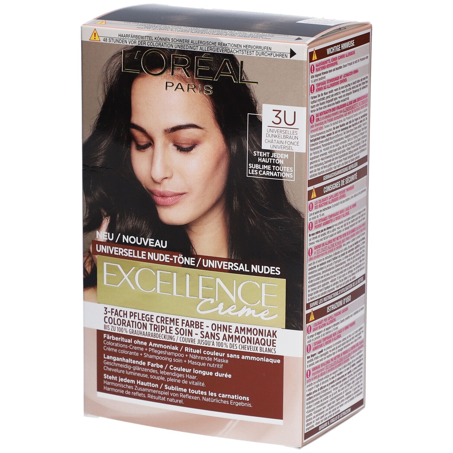 Boîte de coloration capillaire. L'Oréal Paris Excellence Creme 3U. Brun foncé. Inscriptions: Tons Nude Universels, sans ammoniaque.