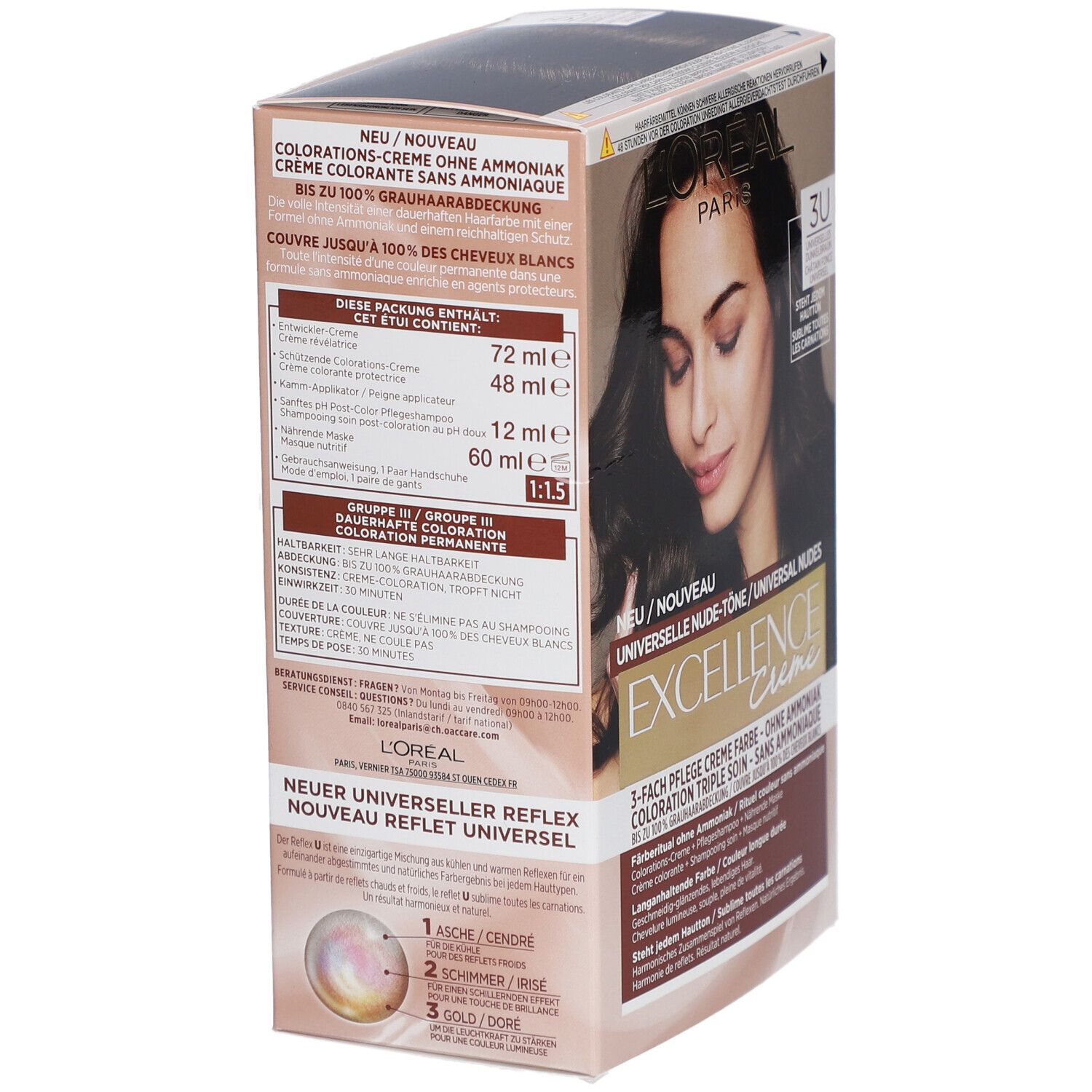 Boîte de coloration capillaire. Arrière avec informations. L'Oréal Paris Excellence Creme. Contient: crème, shampooing, masque.