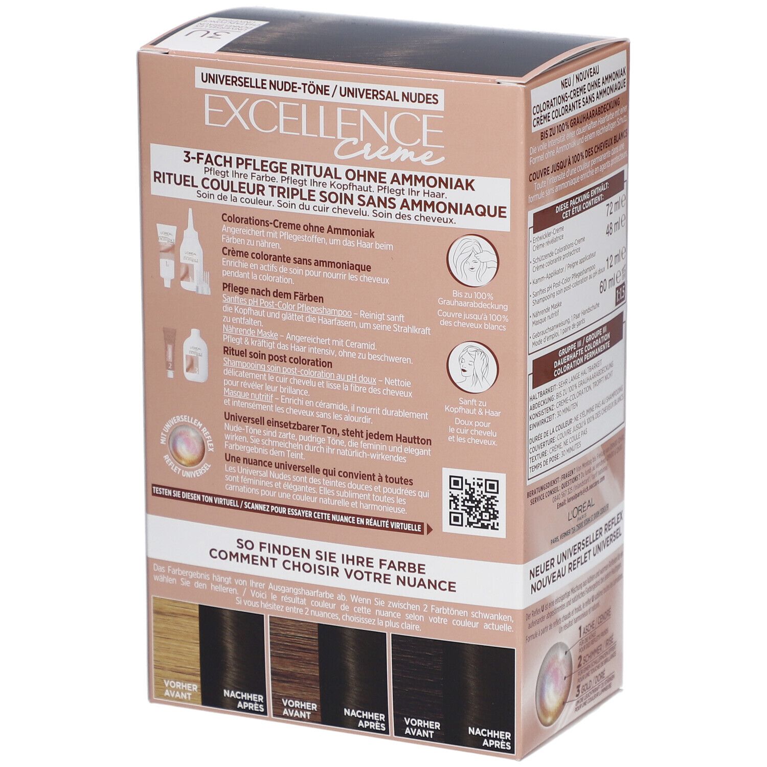 Boîte de coloration capillaire. Arrière avec exemples d'application. L'Oréal Paris Excellence Creme. Sans ammoniaque. Choix de couleurs.