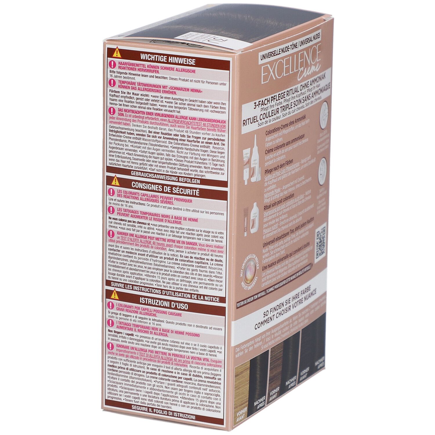 Boîte de coloration capillaire. Arrière avec avertissements et instructions. L'Oréal Paris Excellence Creme.