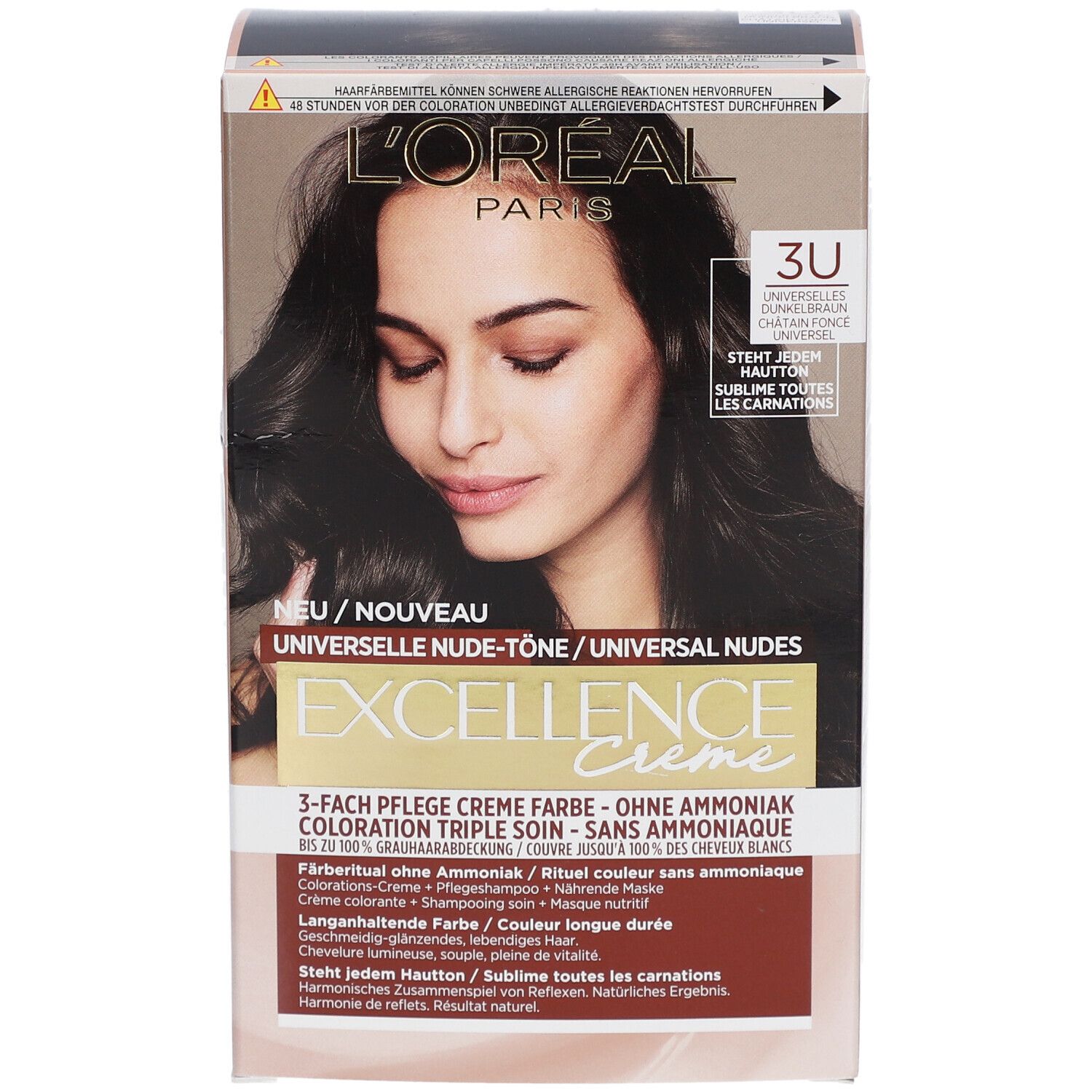 Boîte de coloration capillaire. L'Oréal Paris Excellence Creme 3U. Brun foncé. Inscriptions: Tons Nude Universels, sans ammoniaque.