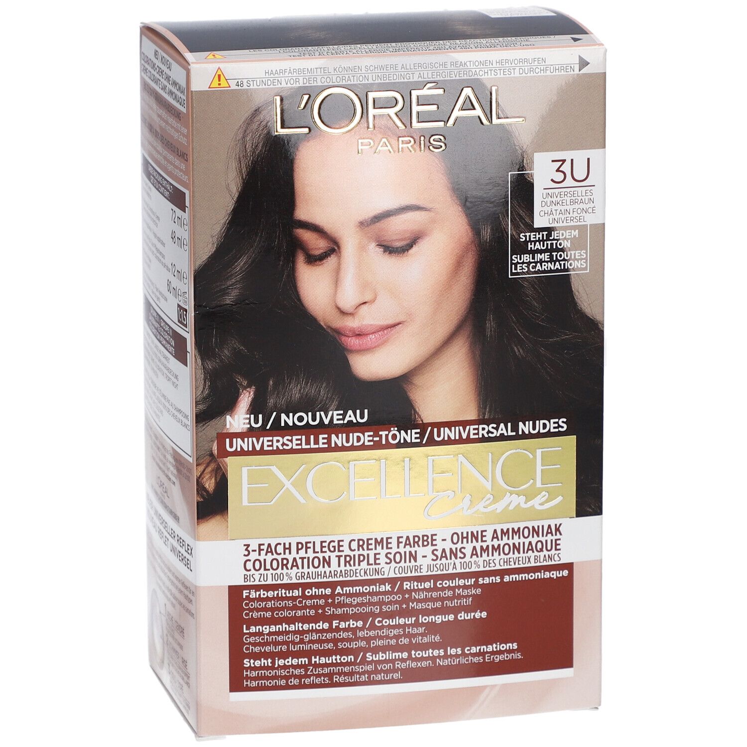 Boîte de coloration capillaire. L'Oréal Paris Excellence Creme 3U. Brun foncé. Inscriptions: Tons Nude Universels, sans ammoniaque.